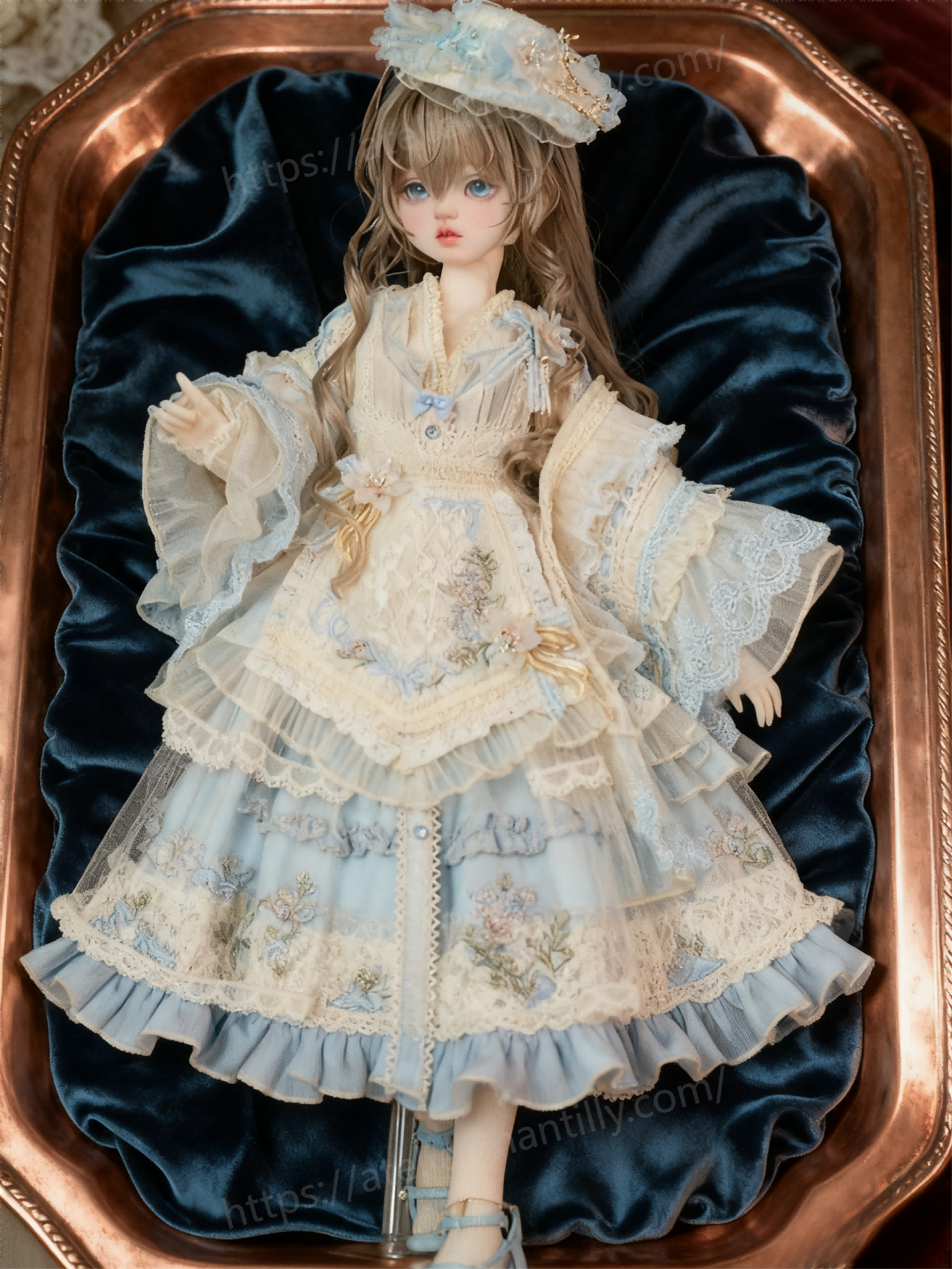 1/4 BJD custom Lolita dress displayed on a copper tray with blue velvet - Atelier Chantilly