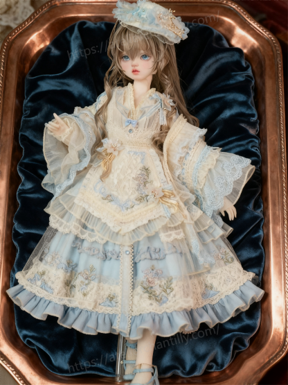 1/4 BJD custom Lolita dress displayed on a copper tray with blue velvet - Atelier Chantilly