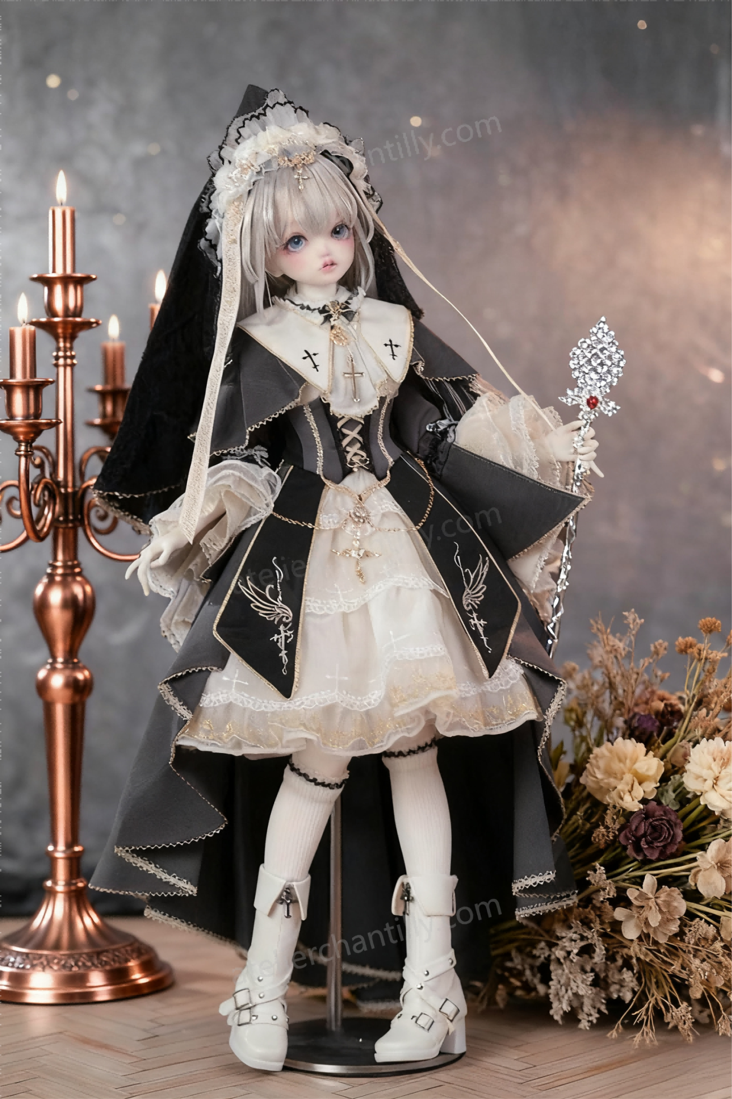 1/4 BJD custom gothic outfit by a copper candelabra with dried flowers - Atelier Chantilly