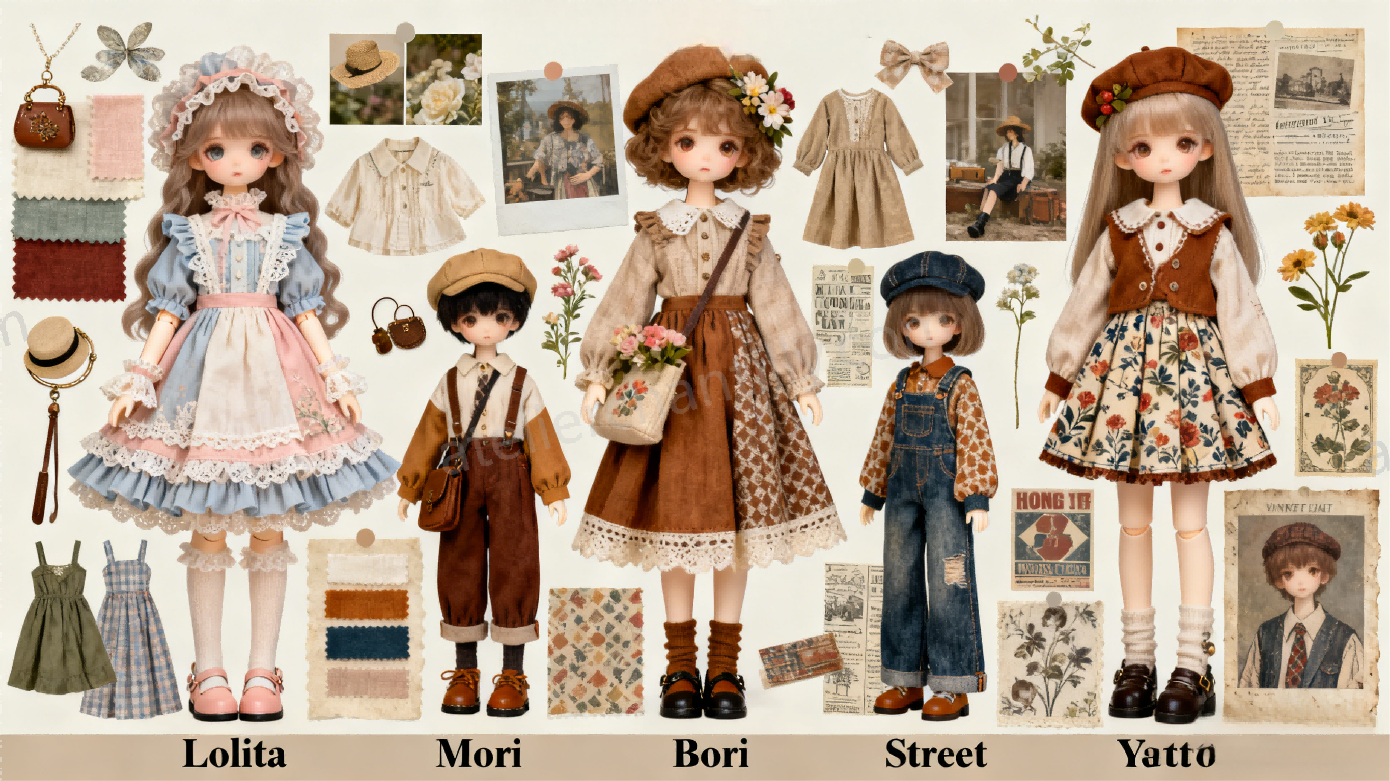 Mood board with various BJD fashion styles including Lolita, Mori, and streetwear