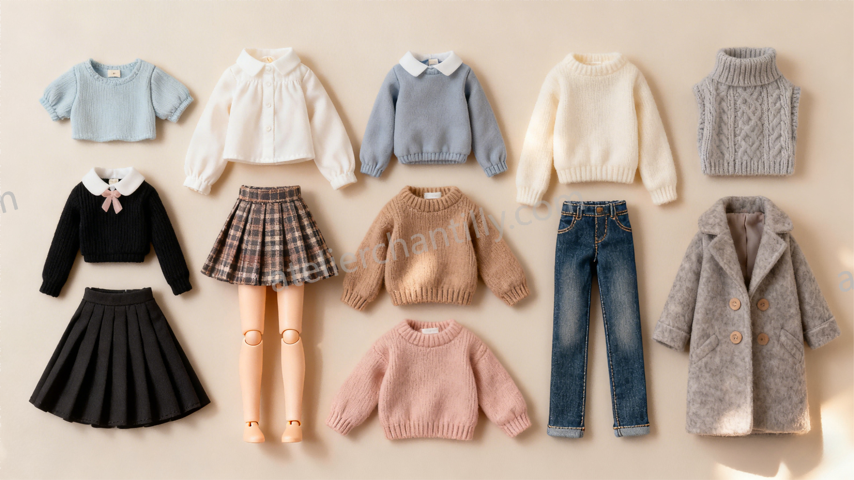 Mood board showing various BJD clothing styles including Lolita, Mori, and streetwear