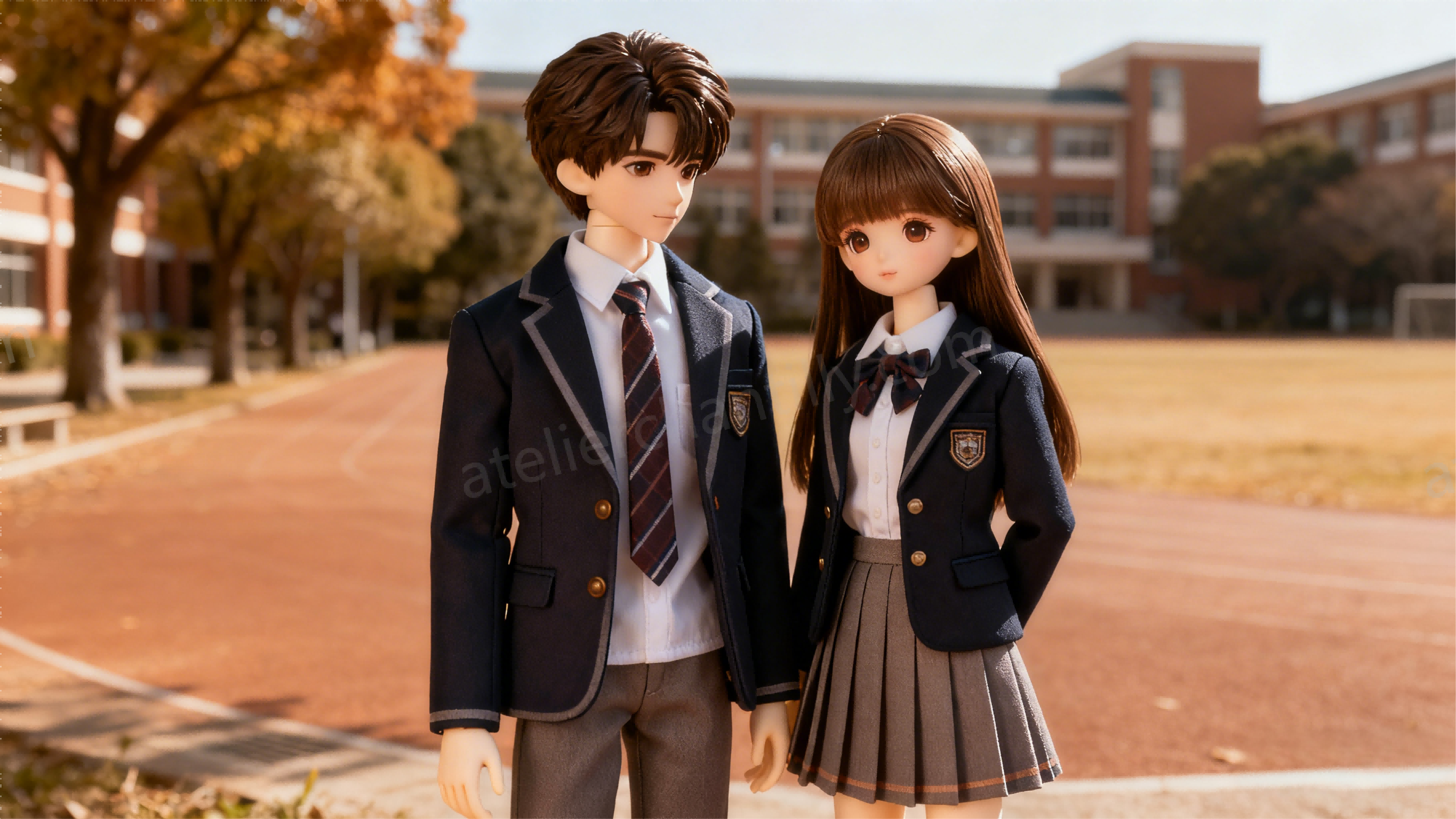 BJD couple wearing coordinated school uniform style outfits