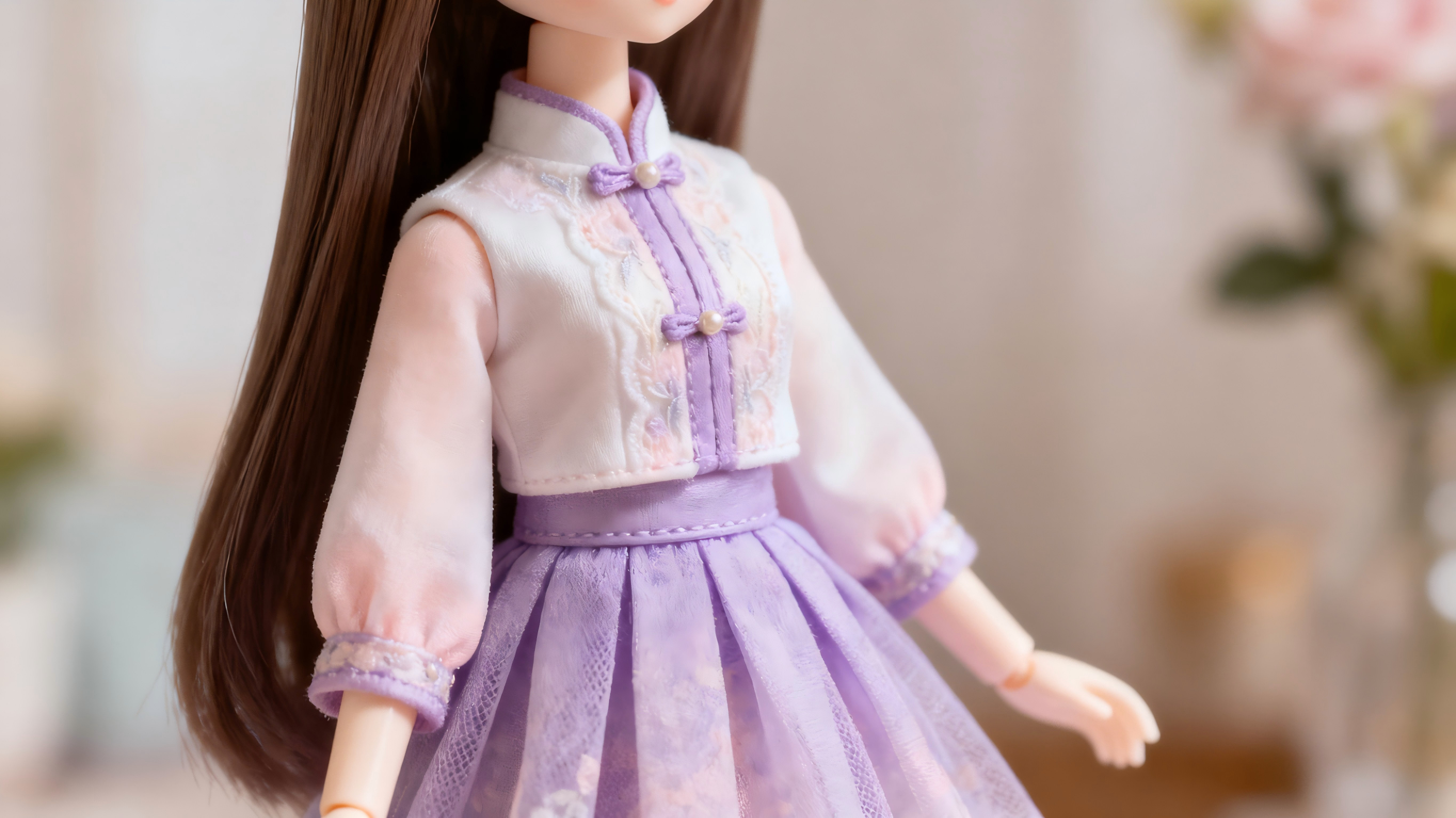 Coordinated colors and fabrics in BJD top and skirt outfit