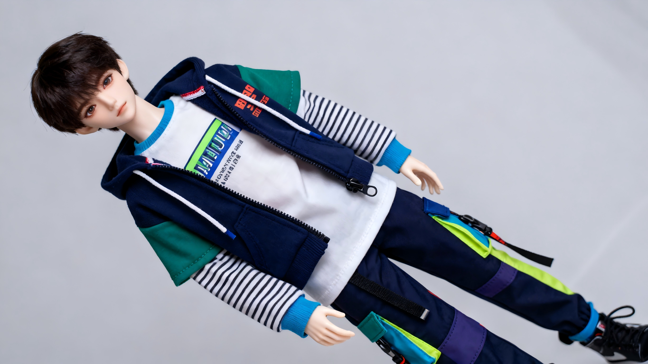 Layered Korean street style outfit on a BJD doll