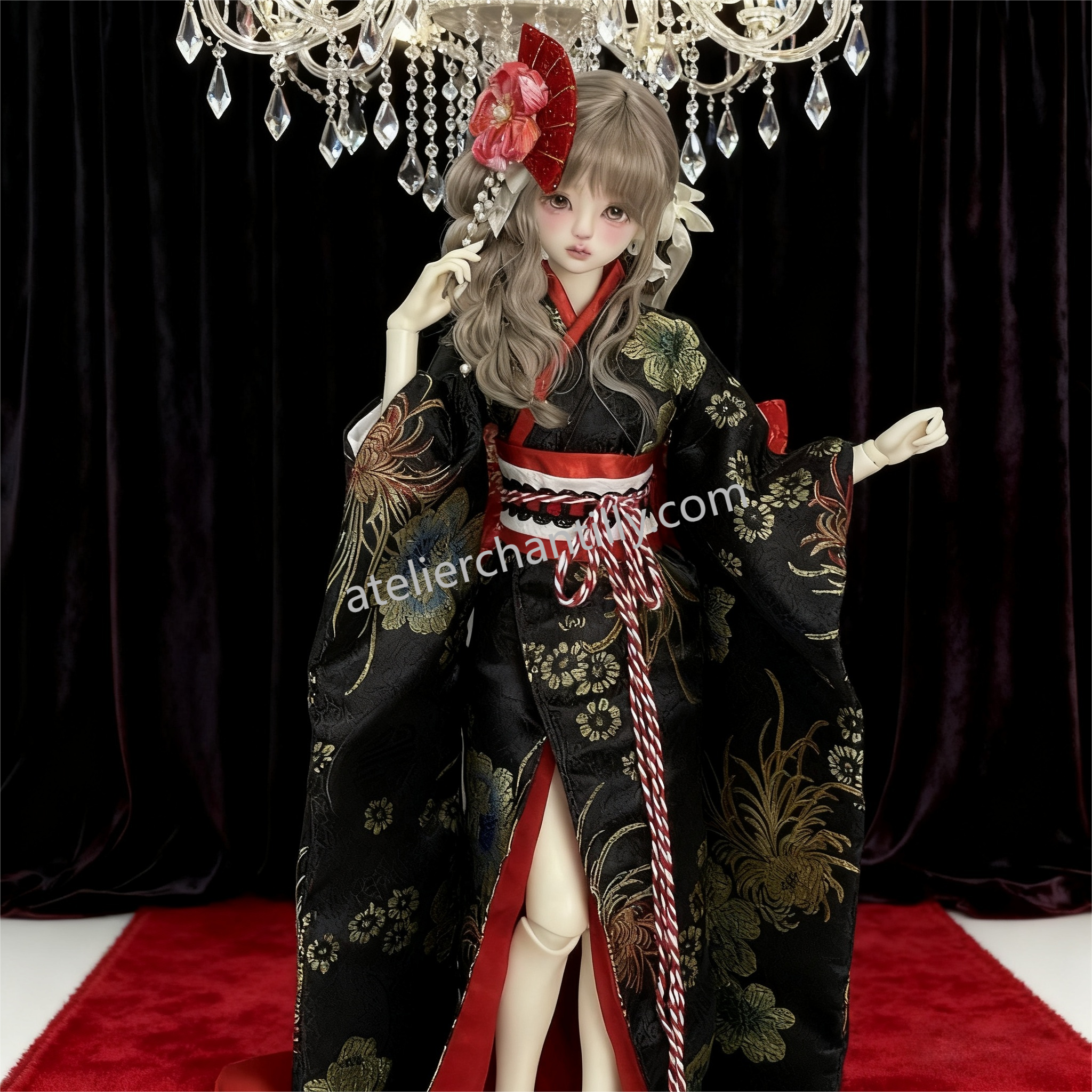 Luxurious Black Floral Kimono BJD Doll Outfit, Perfect for 1/4 Scale Dolls, Exquisite Details --A02-Atelier Chantilly