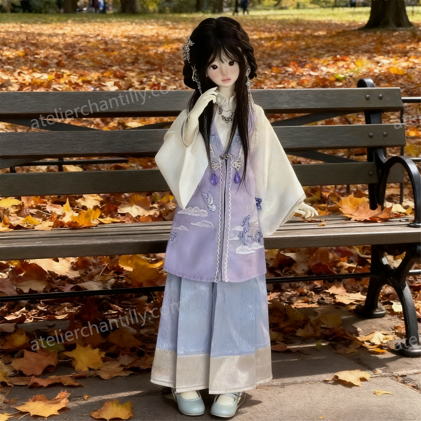 1/4 BJD doll in purple hanfu-style outfit at New York Central Park in autumn - Atelier Chantilly