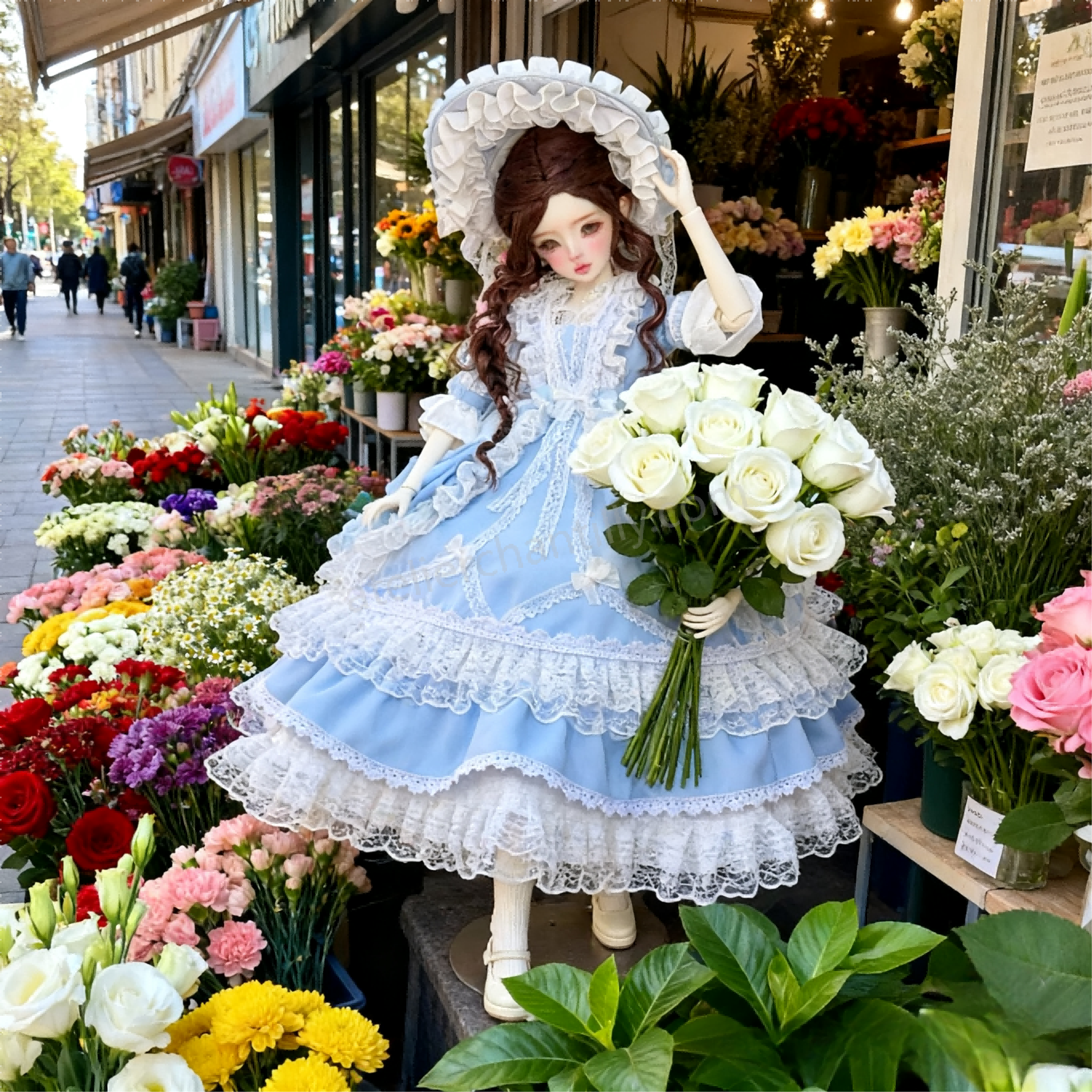1/4 BJD doll showcasing powder blue Lolita outfit at a colorful flower market - Atelier Chantilly