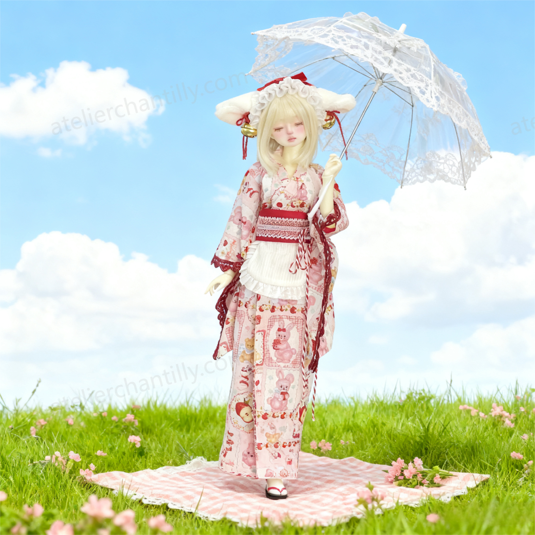 Cute Pink Bunny Print Kimono BJD Doll Outfit, Perfect for 1/4 Scale Dolls, Exquisite Details --A03-Atelier Chantilly