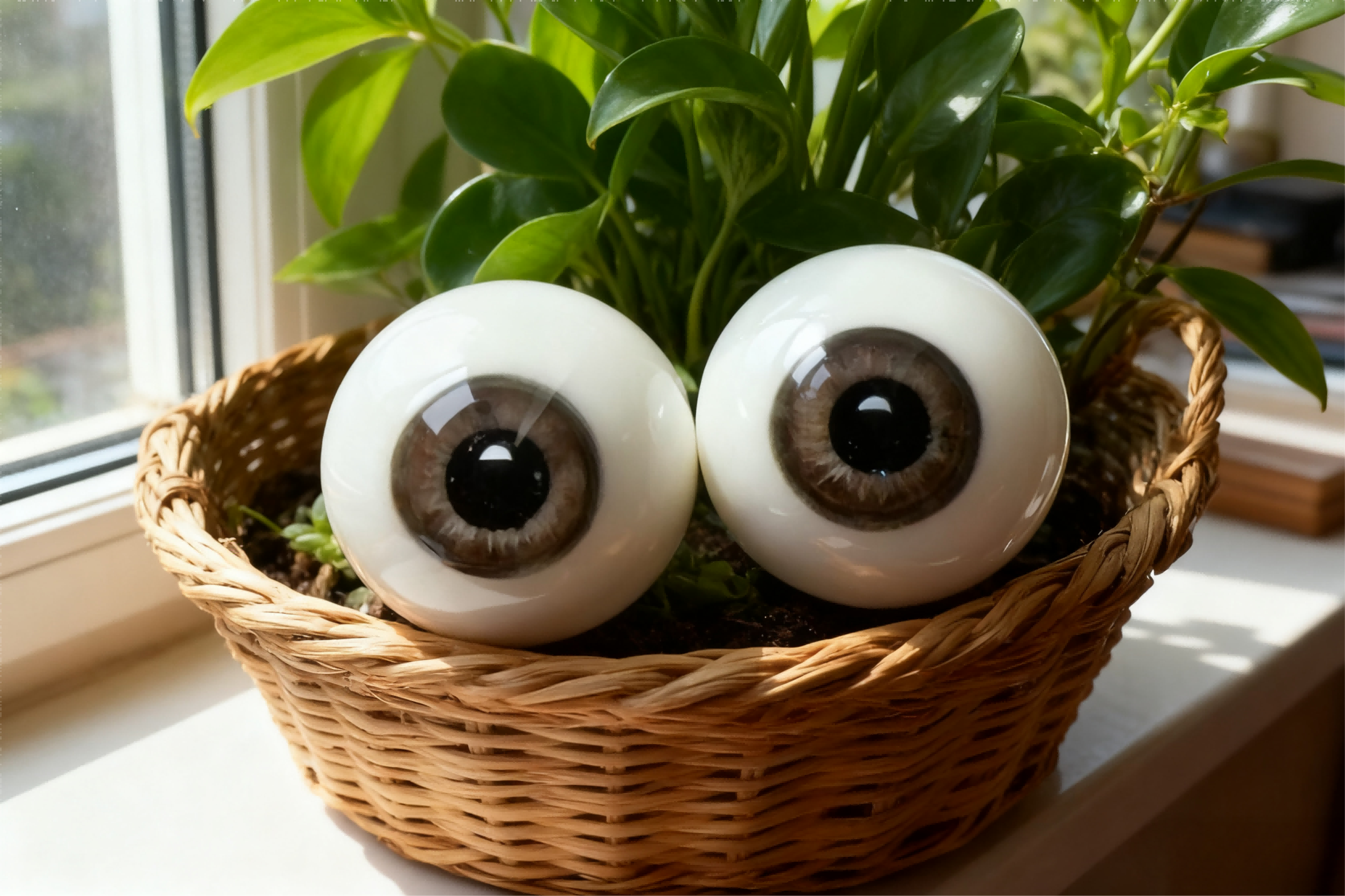 1/3 BJD glass eyes in a wicker basket with green plants by the window - Atelier Chantilly