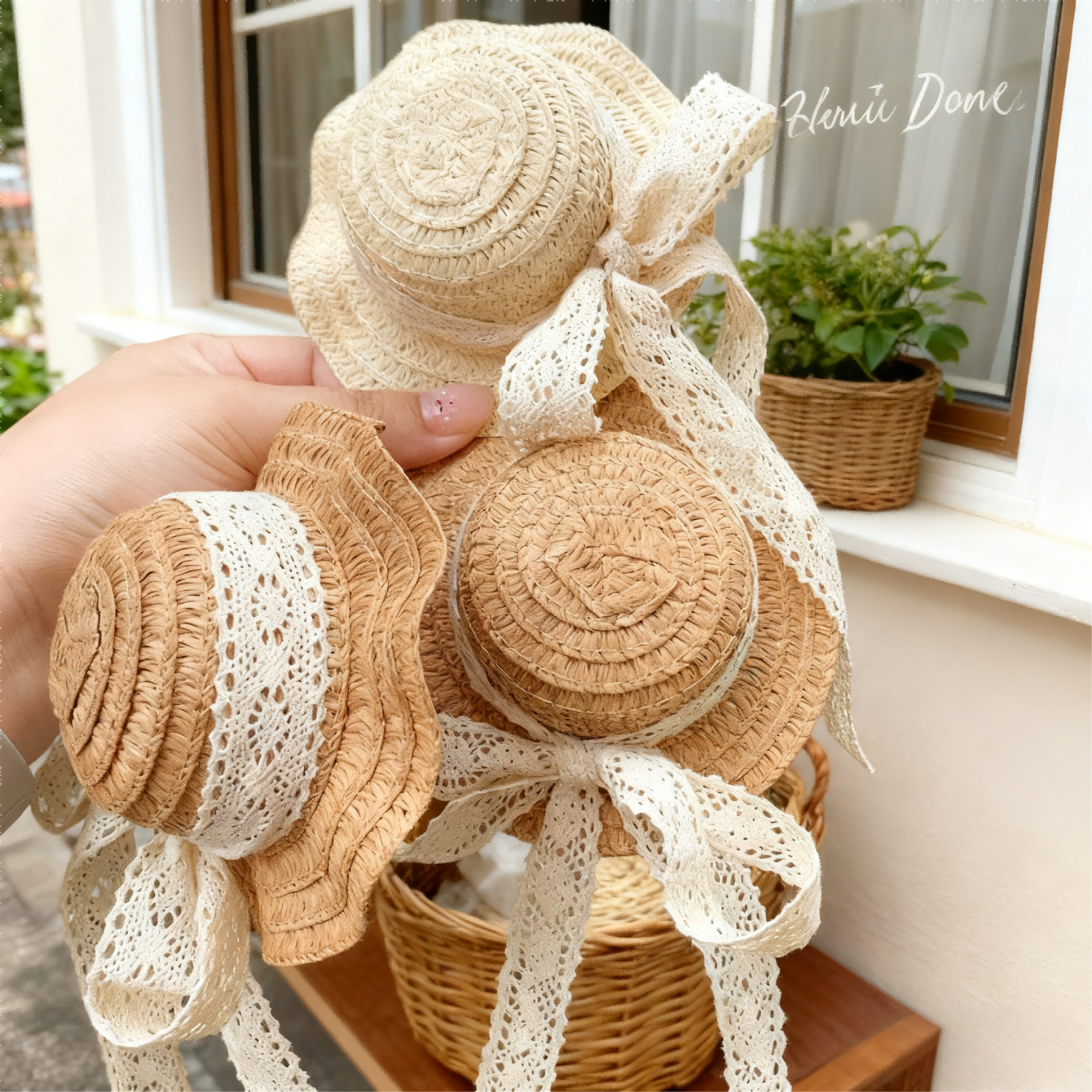 Vintage lace BJD hats held in hand by a windowsill with wicker basket - Atelier Chantilly