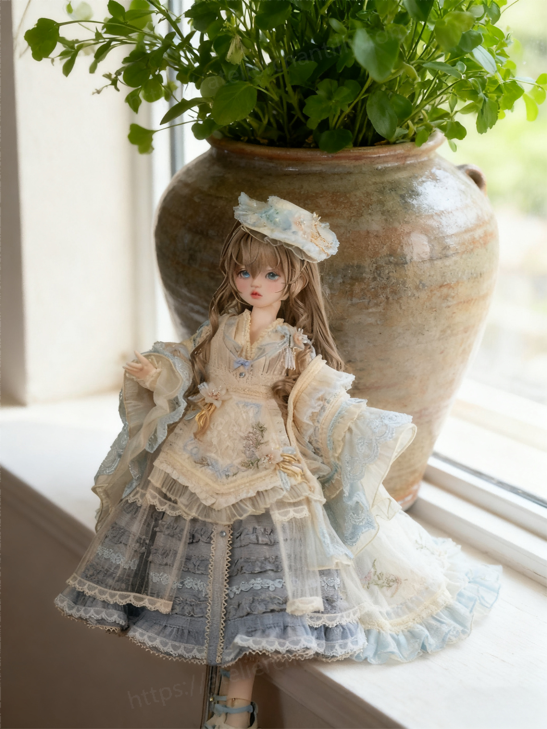 Luxury BJD outfit for 1/4 dolls by a windowsill with ceramic planter - Atelier Chantilly