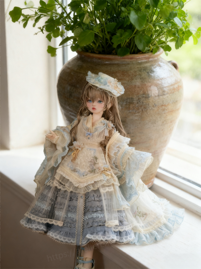 Luxury BJD outfit for 1/4 dolls by a windowsill with ceramic planter - Atelier Chantilly