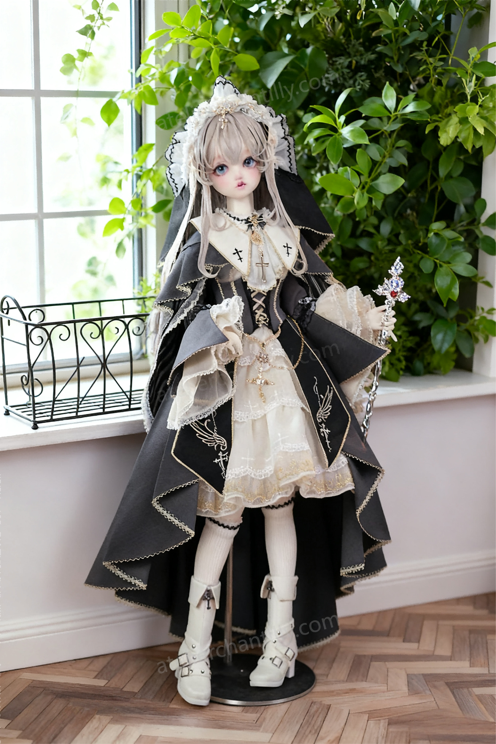 Gothic religious BJD outfit for 1/4 dolls by a windowsill with green plants - Atelier Chantilly