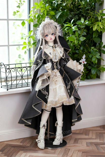 Gothic religious BJD outfit for 1/4 dolls by a windowsill with green plants - Atelier Chantilly