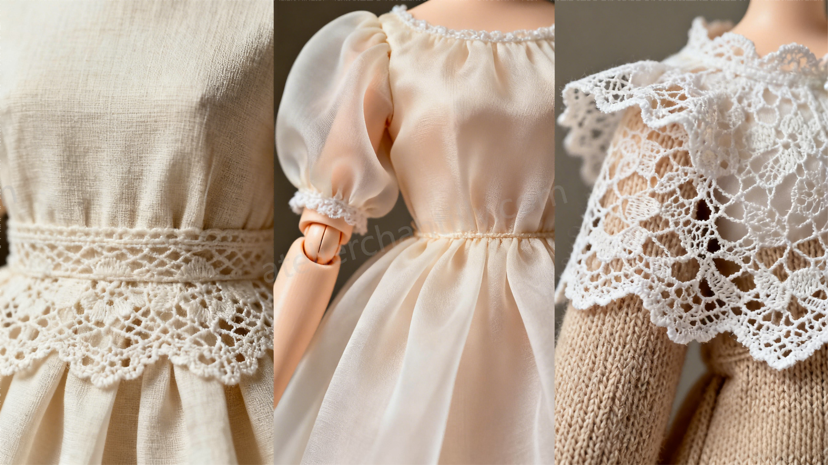 Close-up fabric selection for BJD clothes including cotton, chiffon, and lace