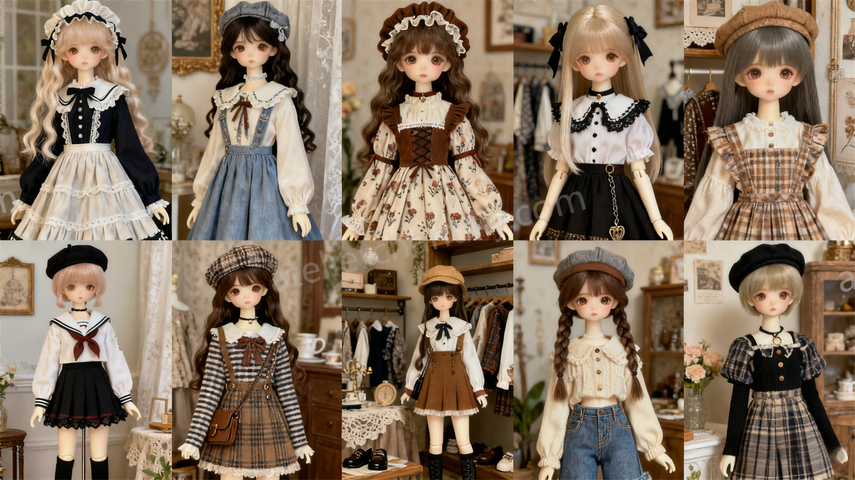 BJD clothing size comparison chart showing bust, waist, hips, and arm length