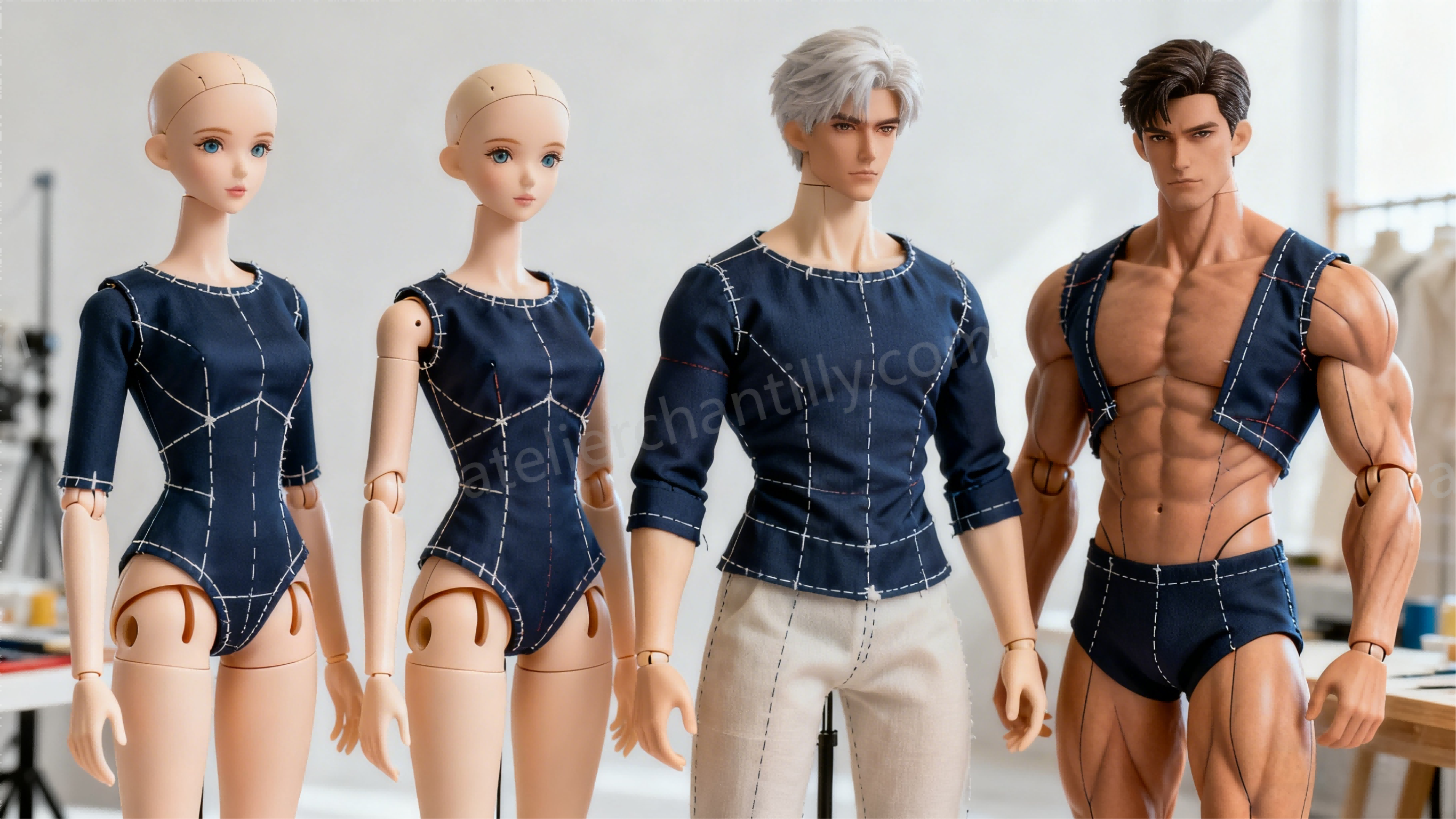 Same BJD outfit fitted on different body types showing tailoring differences