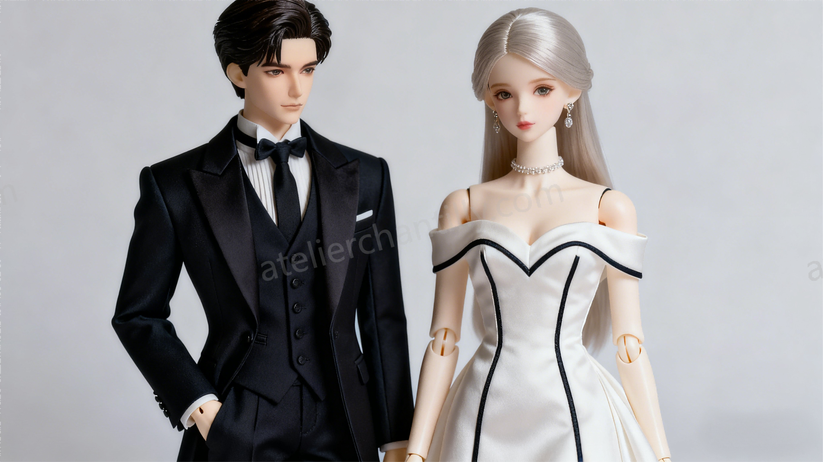Elegant BJD couple wearing formal matching evening outfits