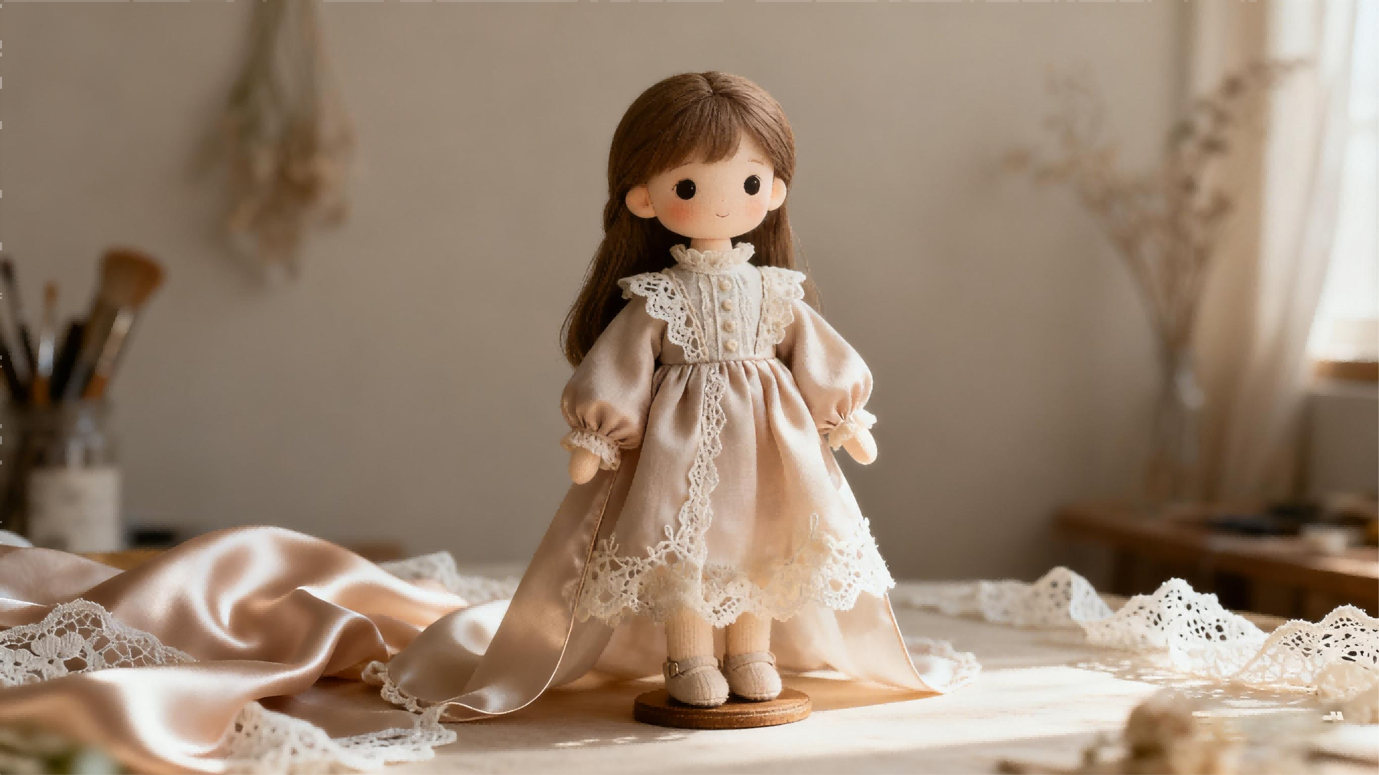 Handmade BJD clothing studio atmosphere with delicate fabrics and elegant details