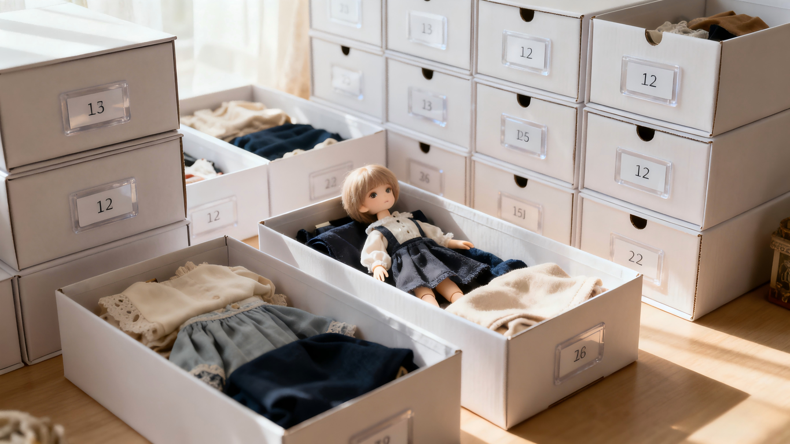 Organized storage boxes for BJD clothing by size and style