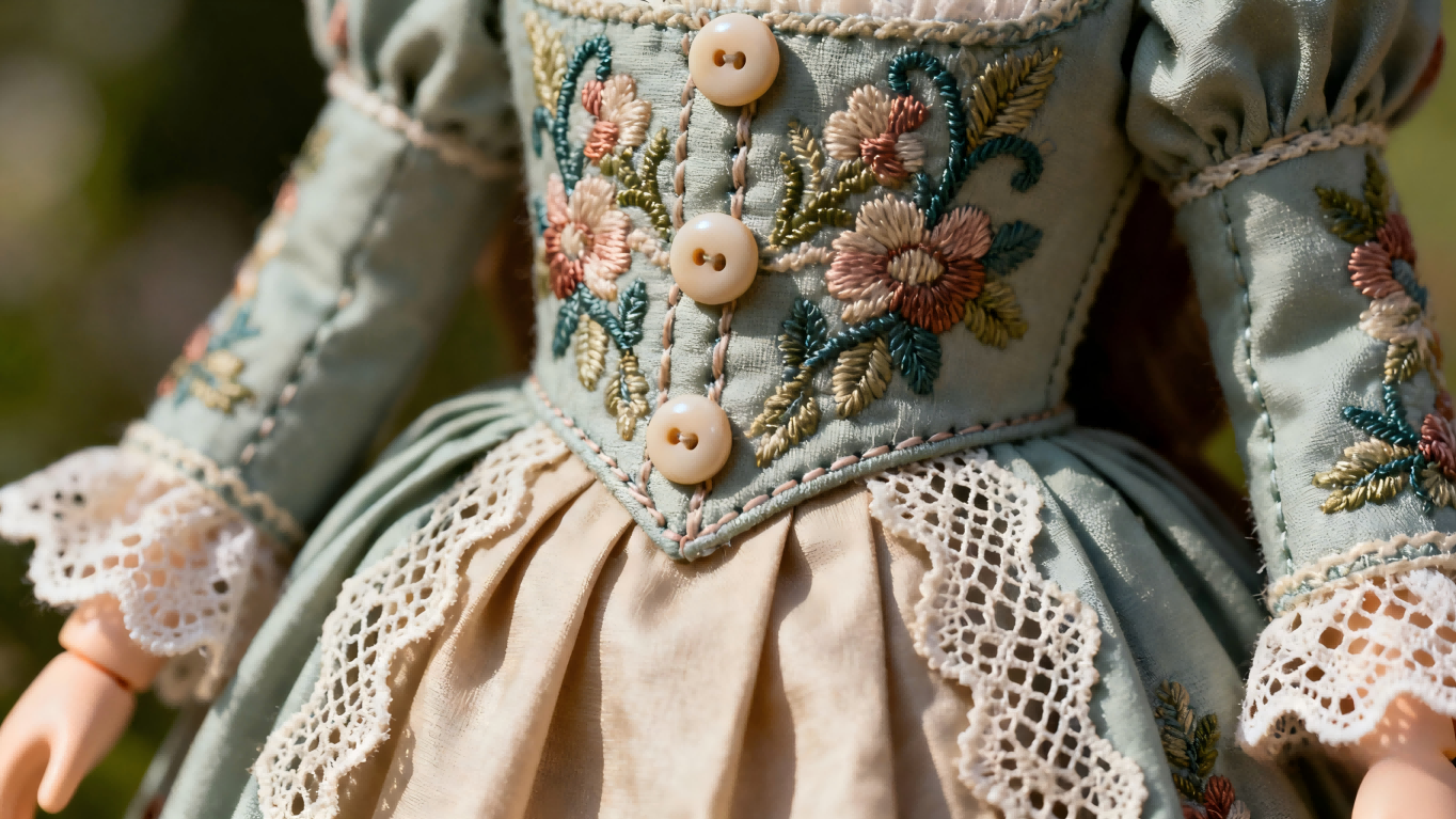 Close-up of decorative elements like buttons, embroidery, and lace on BJD clothes