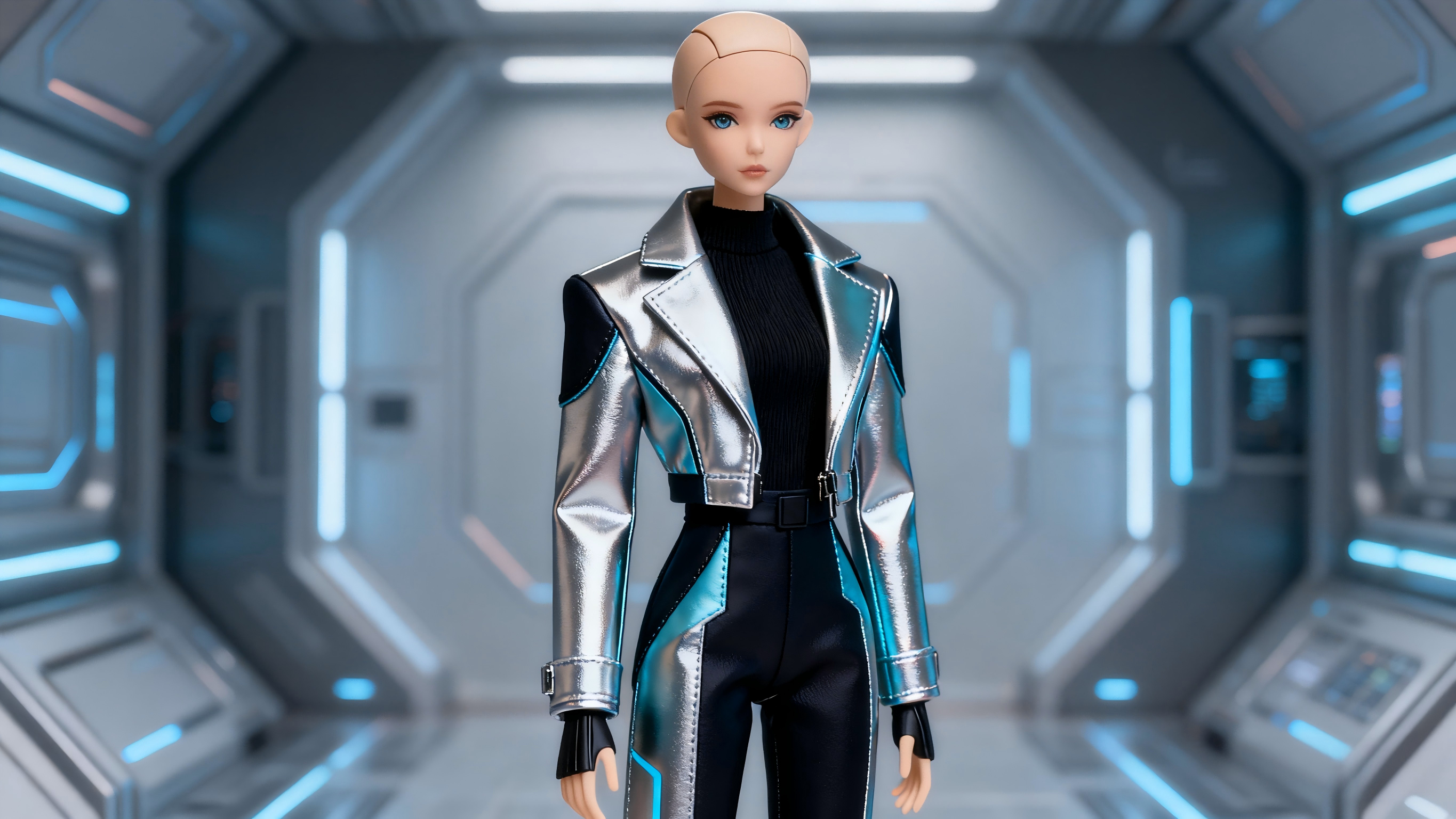 Futuristic BJD outfits with metallic tones and modern cuts