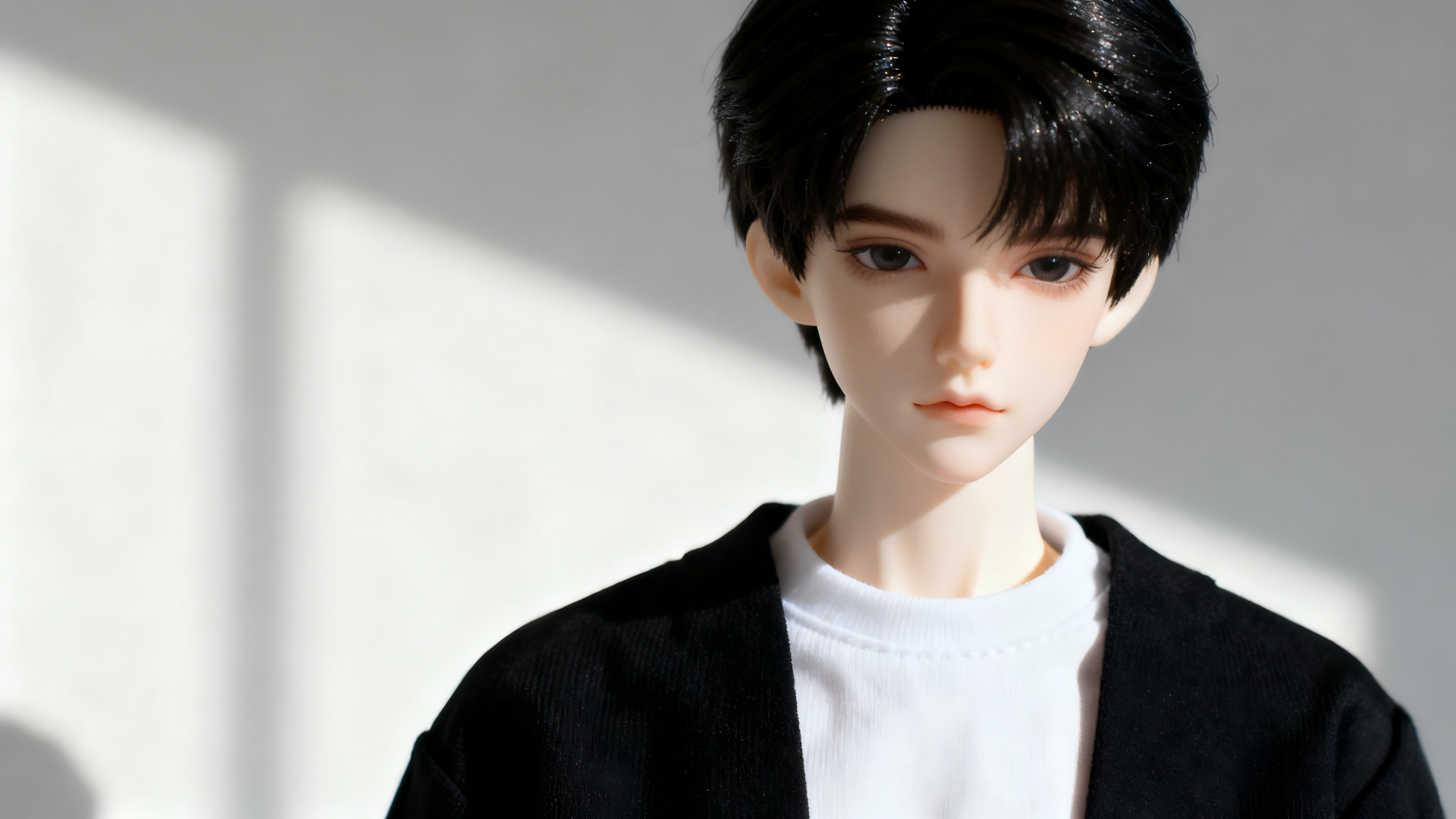 BJD doll in monochrome outfit with modern minimalist fashion style