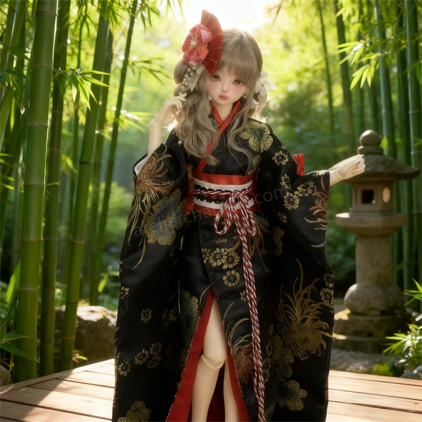 Luxurious Black Floral Kimono BJD Doll Outfit, Perfect for 1/4 Scale Dolls, Exquisite Details --A02-Atelier Chantilly