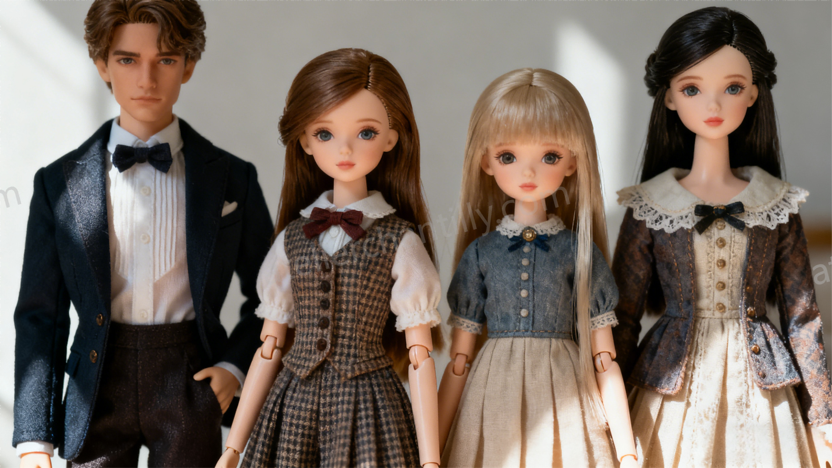 BJD dolls with different body types wearing various outfits side by side