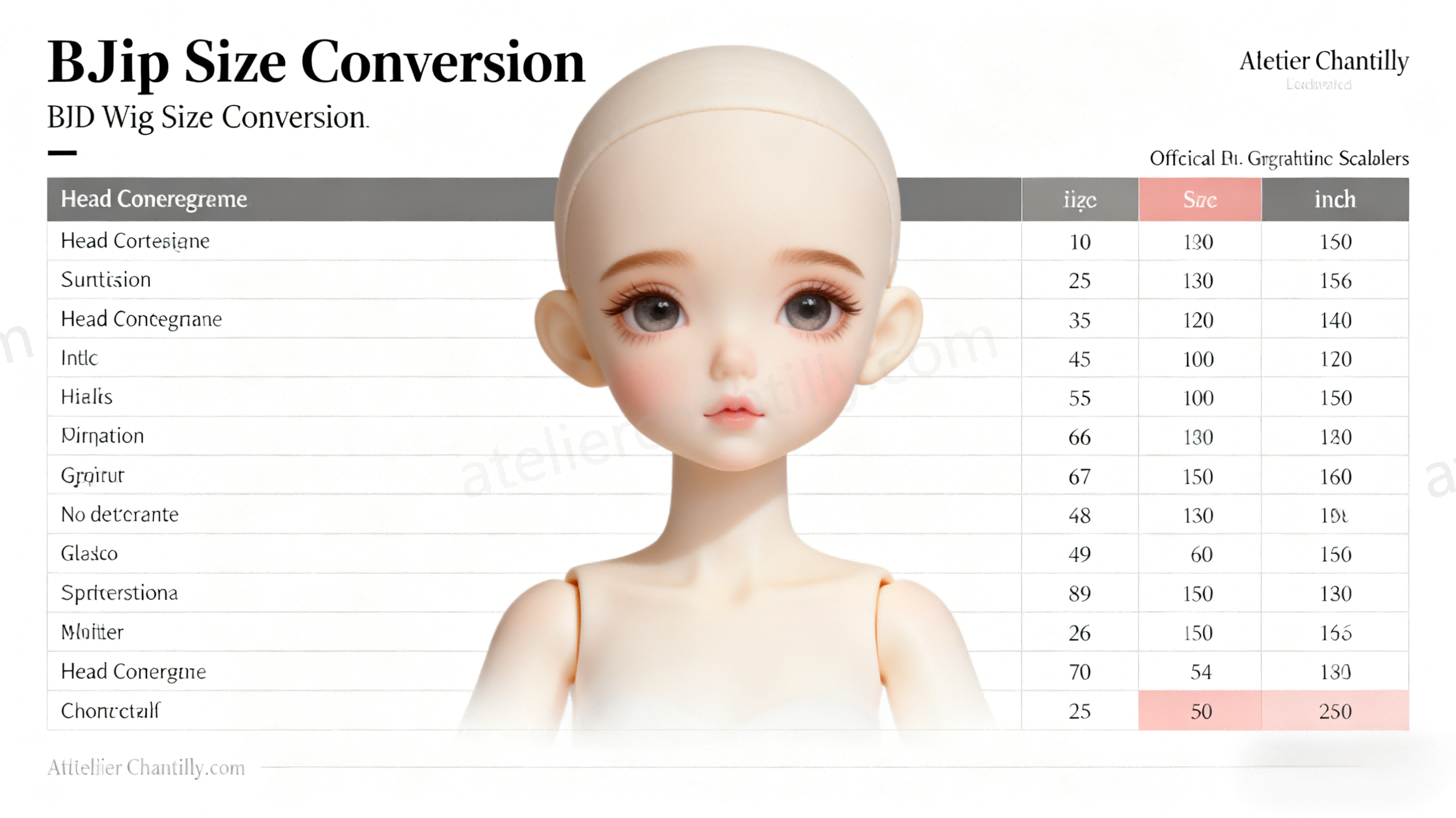 Chart showing BJD head circumference compared to wig sizes