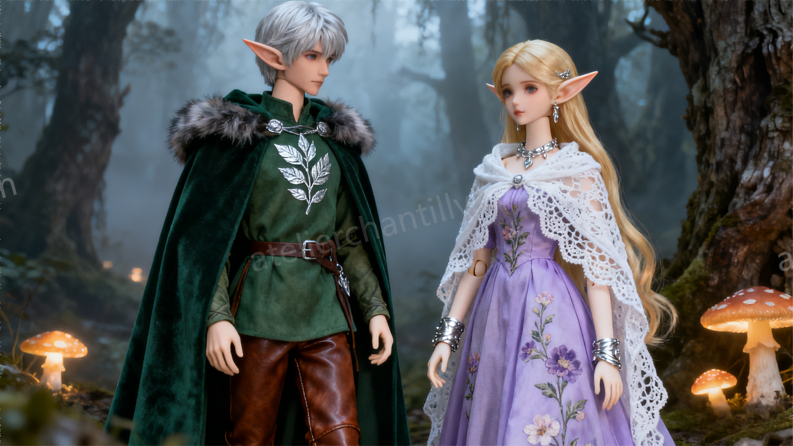 Fantasy-themed matching outfits for a BJD couple