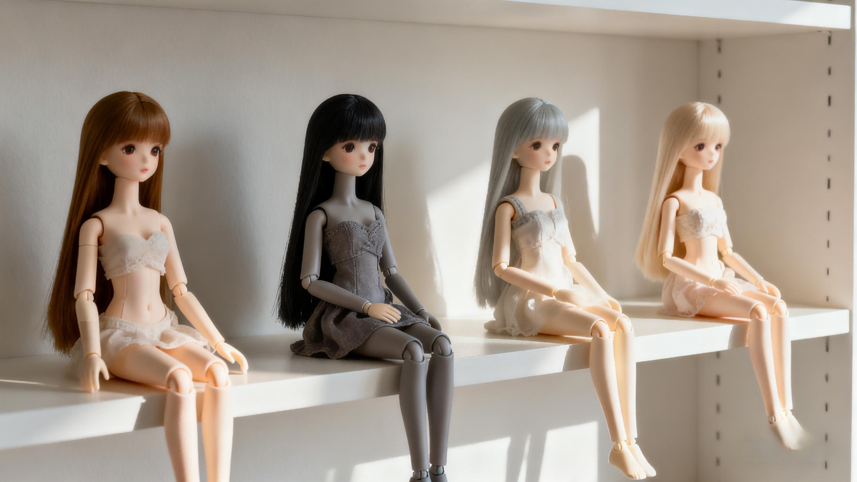 Minimalist BJD doll display using simple shelves and natural lighting