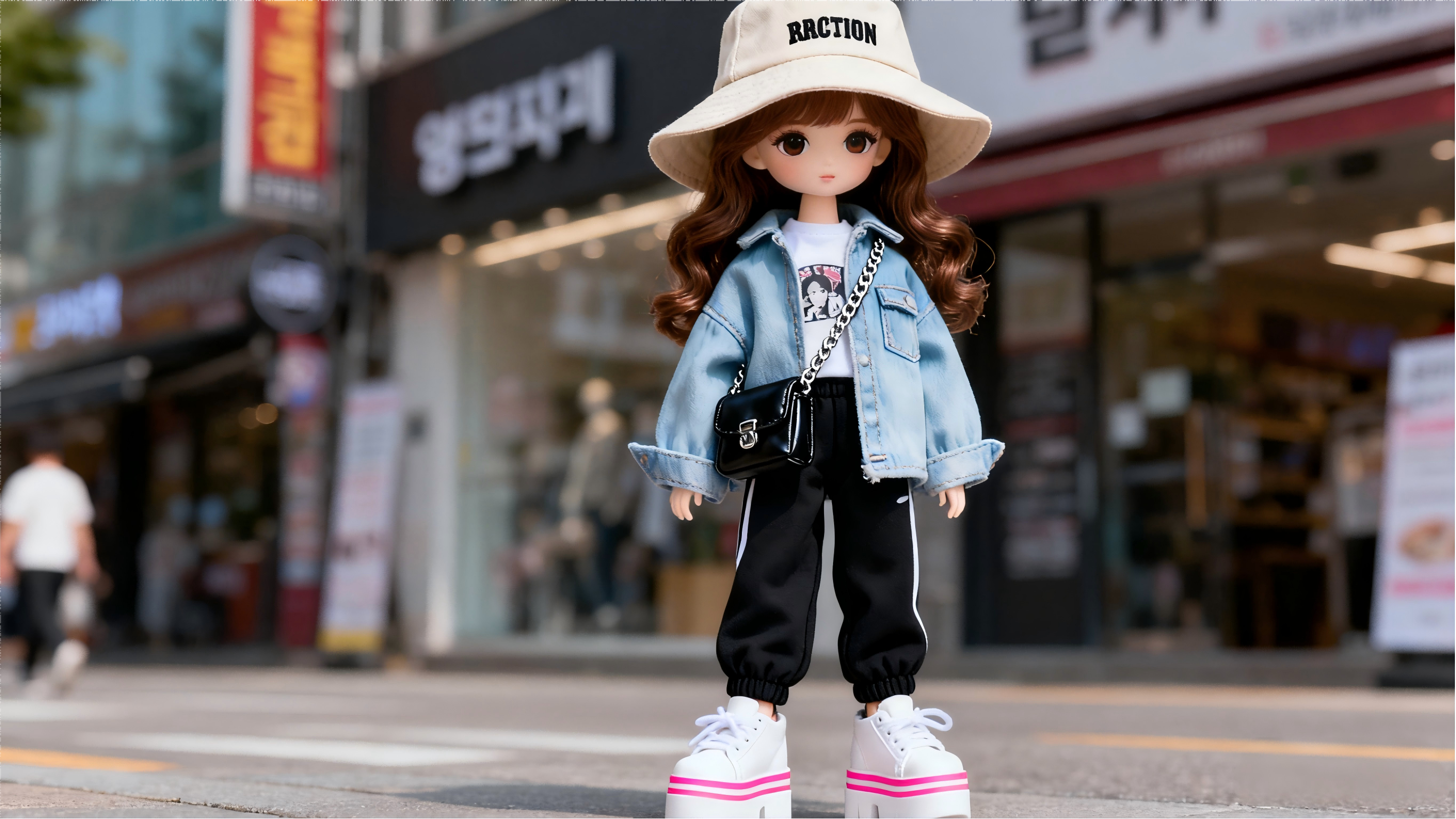 Street accessories for BJD dolls including hats, bags, and shoes