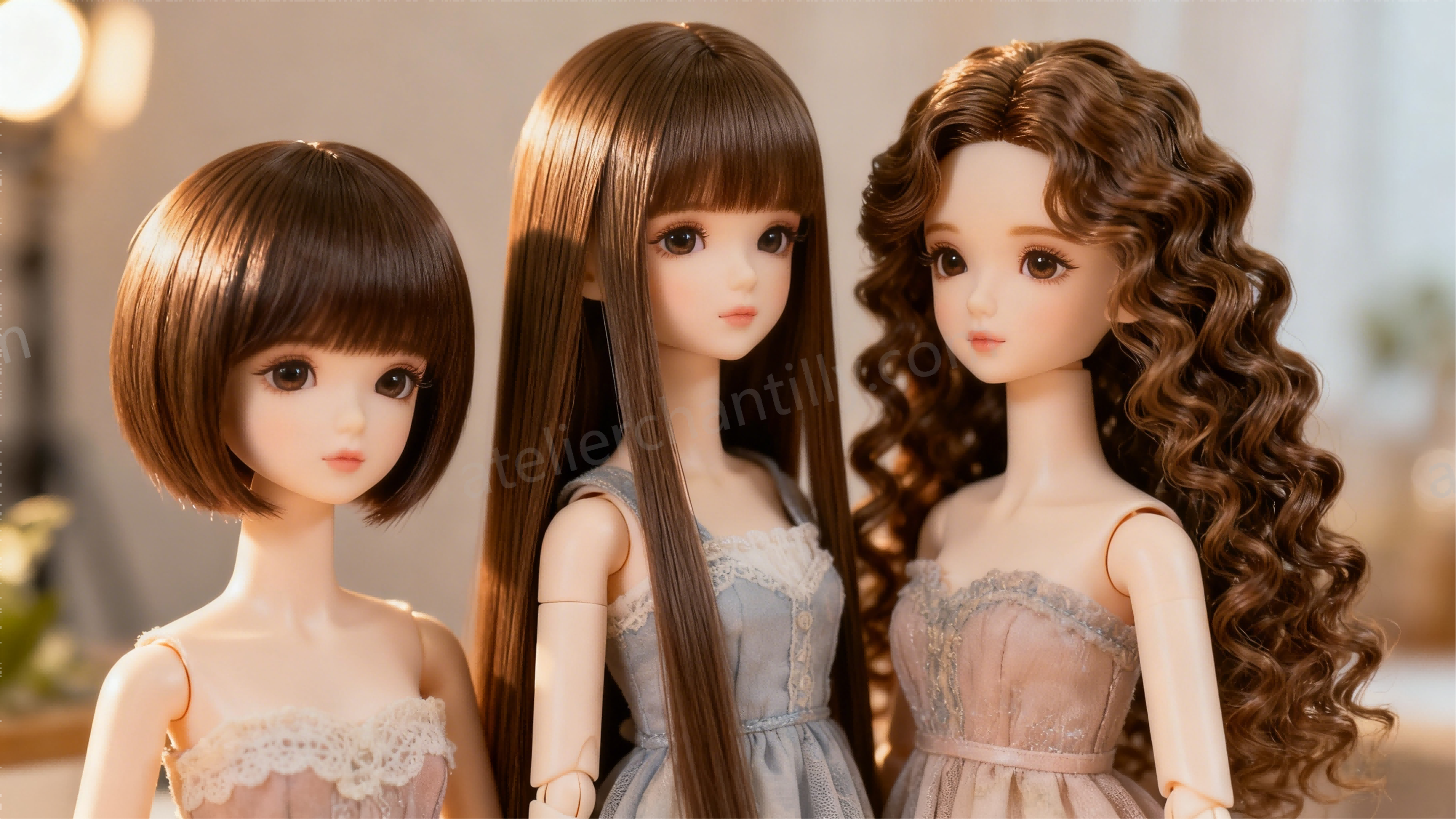 Various BJD wig styles including bob, long straight, and curly wigs