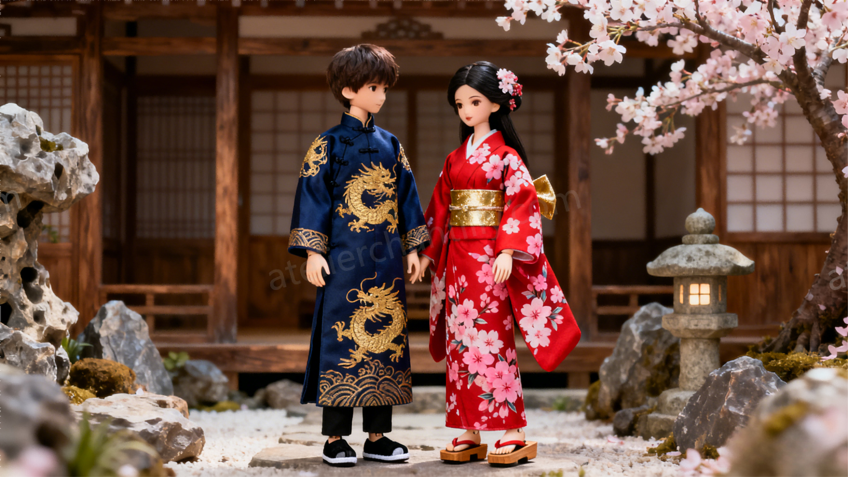 BJD couple in traditional-inspired matching outfits