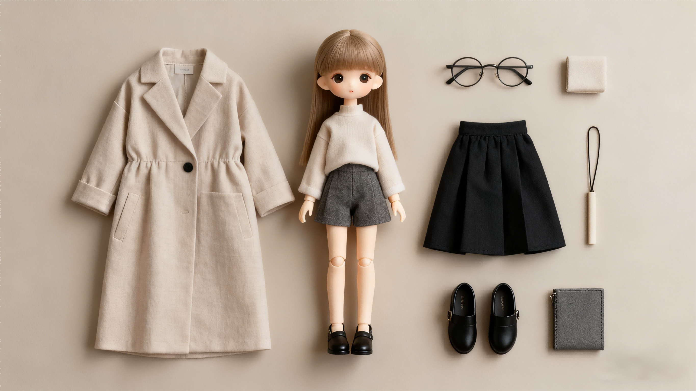 Flat lay of minimalist BJD doll outfits and accessories in neutral tones