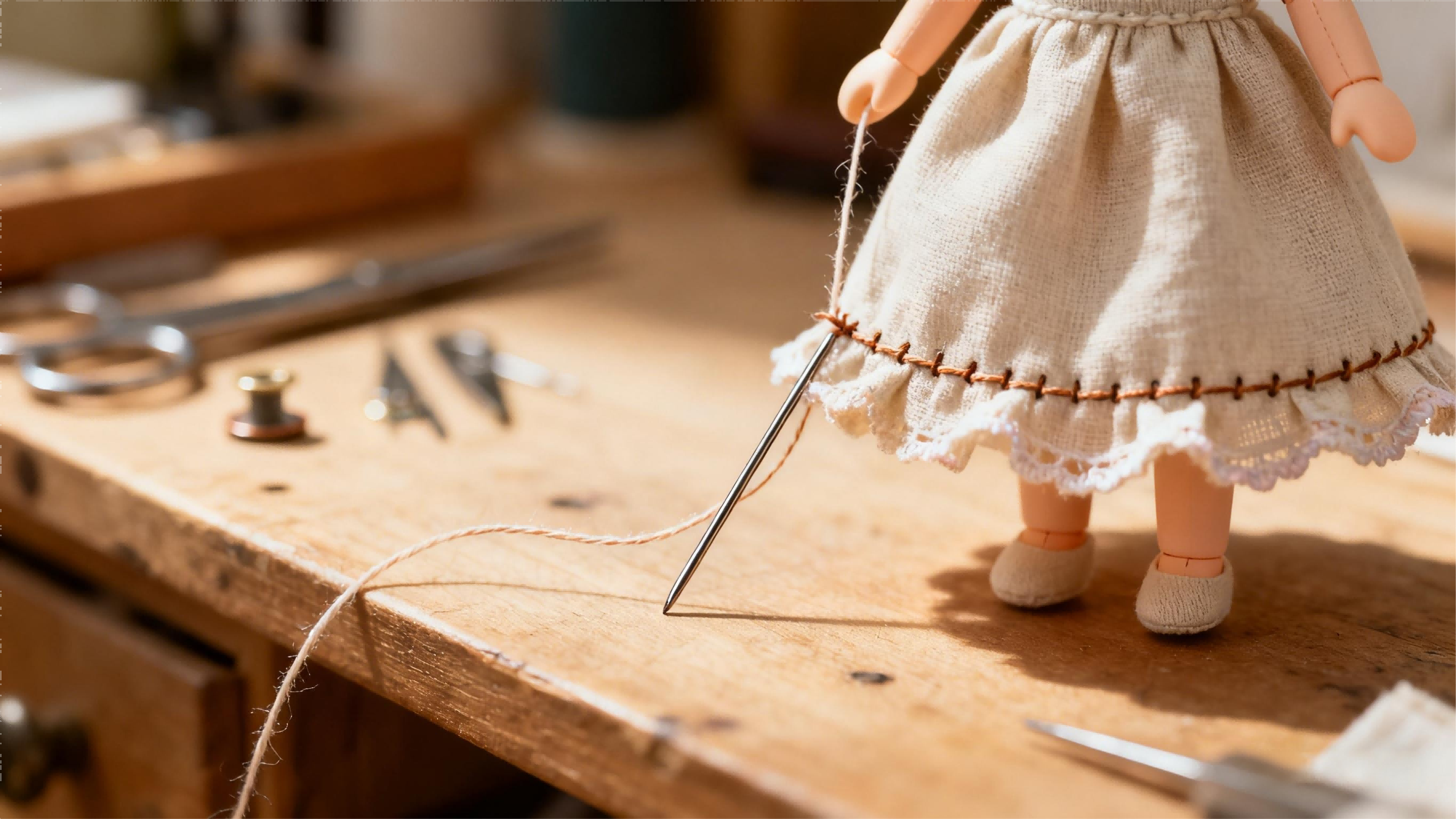 Sewing BJD skirt pieces together with neat stitches