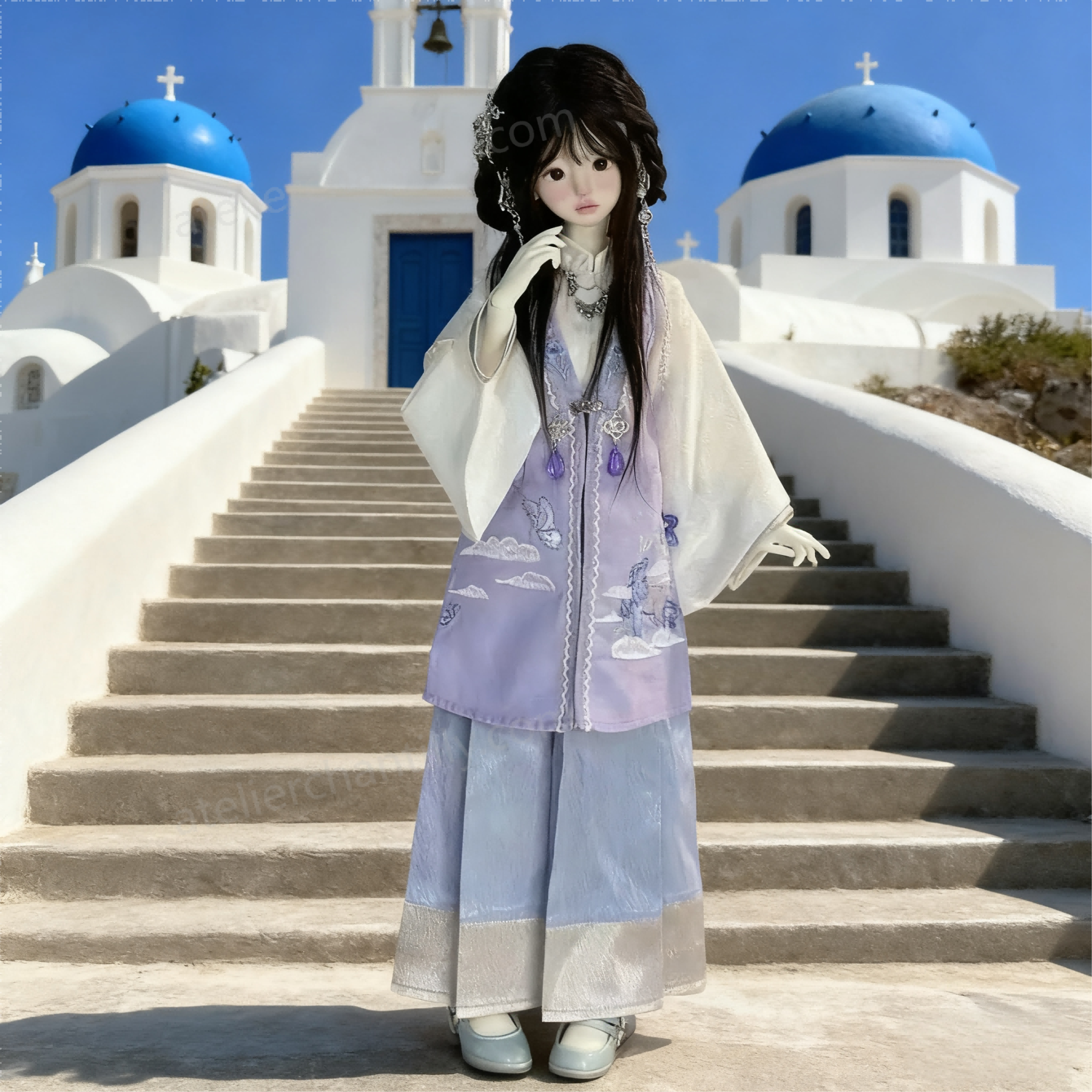1/4 BJD doll in hanfu-style outfit at a Greek island with blue domed church - Atelier Chantilly