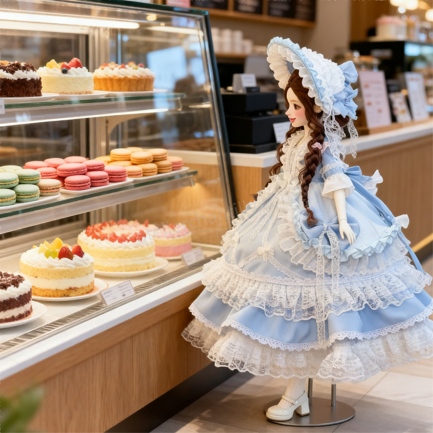 1/4 BJD doll in powder blue Lolita dress at a pastry shop with macarons - Atelier Chantilly
