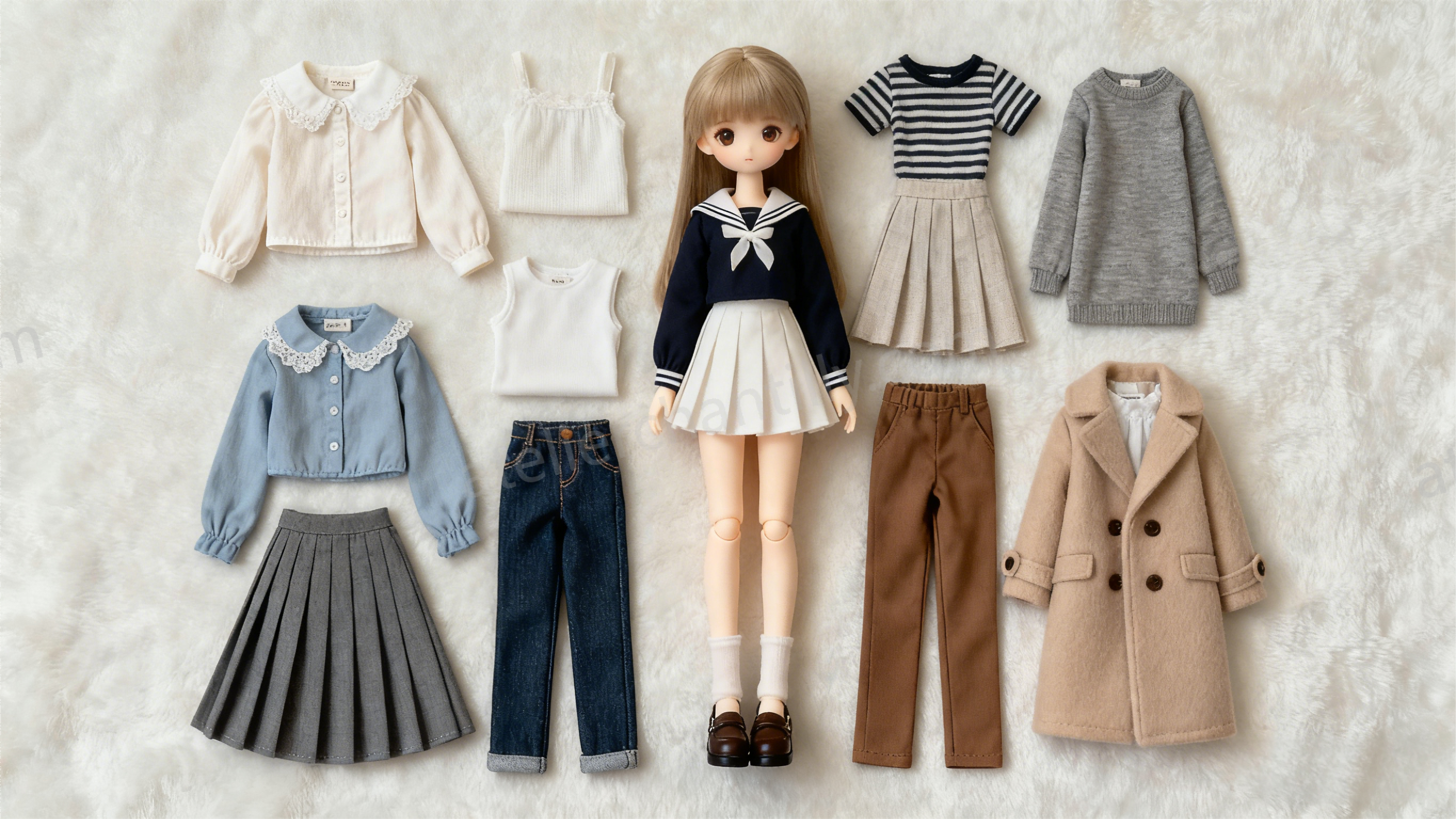 Flat lay of essential BJD clothing pieces including tops, skirts, and jackets