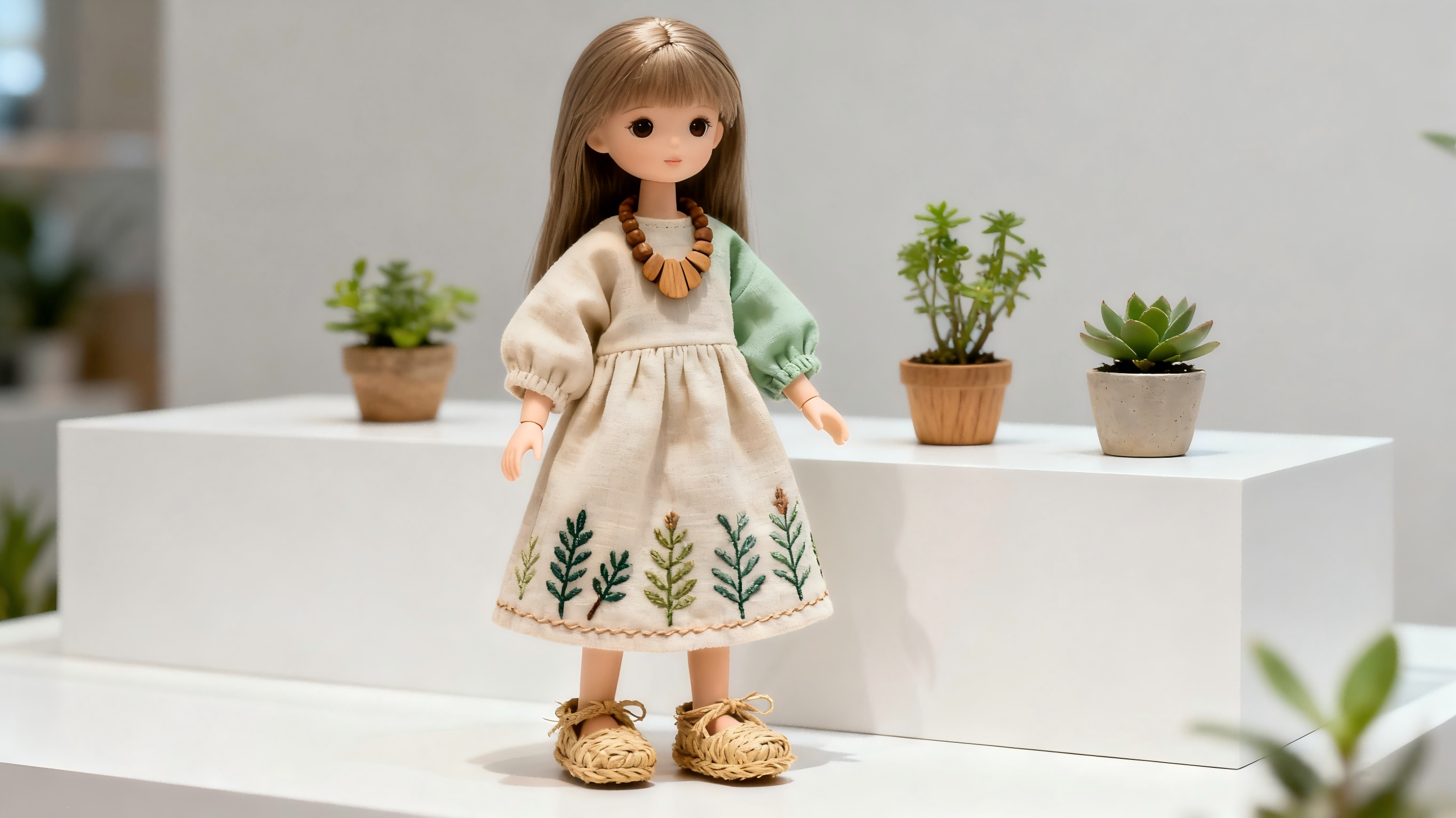 Eco-inspired BJD outfits in natural tones and handmade style