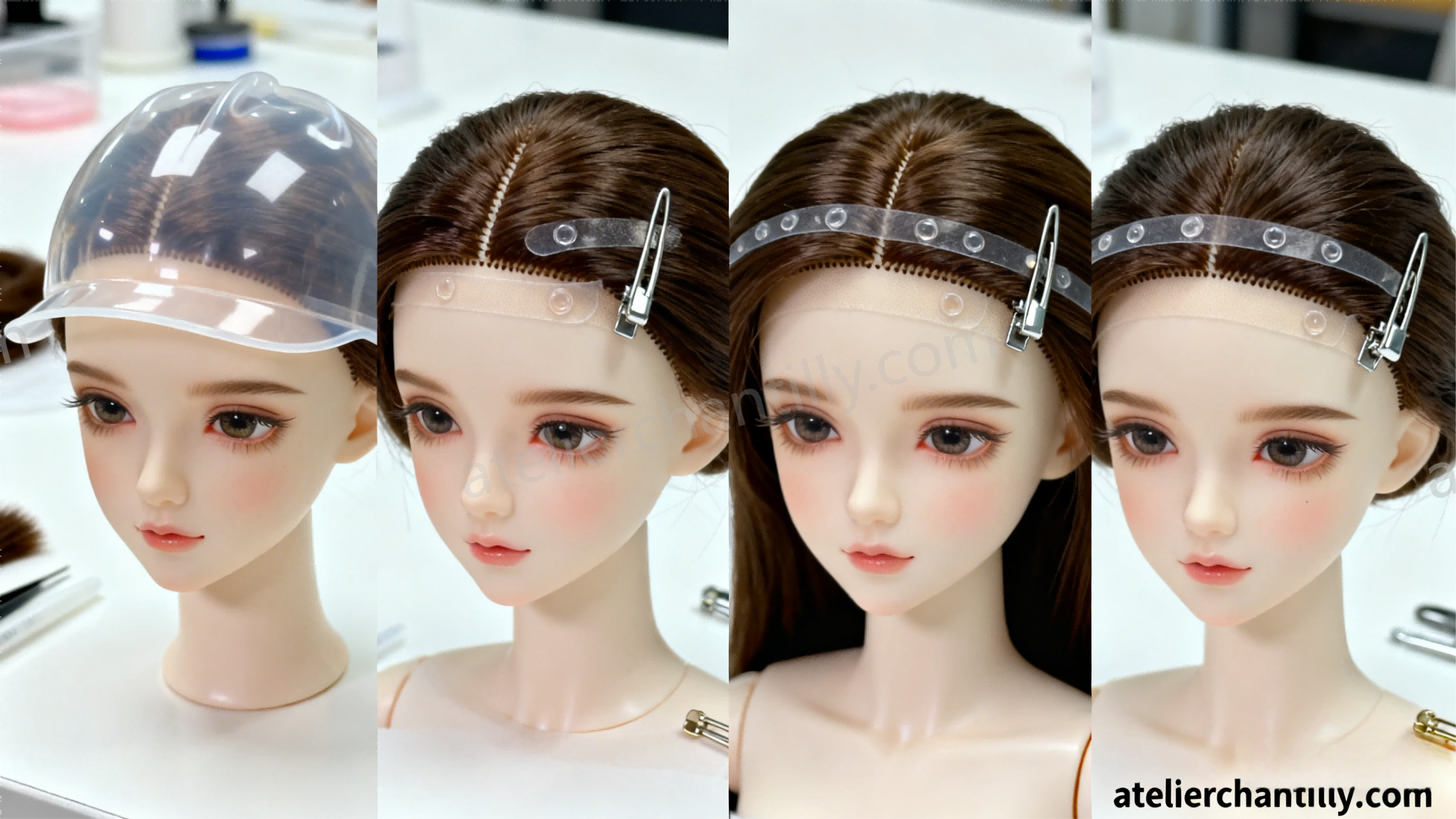 Techniques for securing BJD wigs with caps, tape, or clips