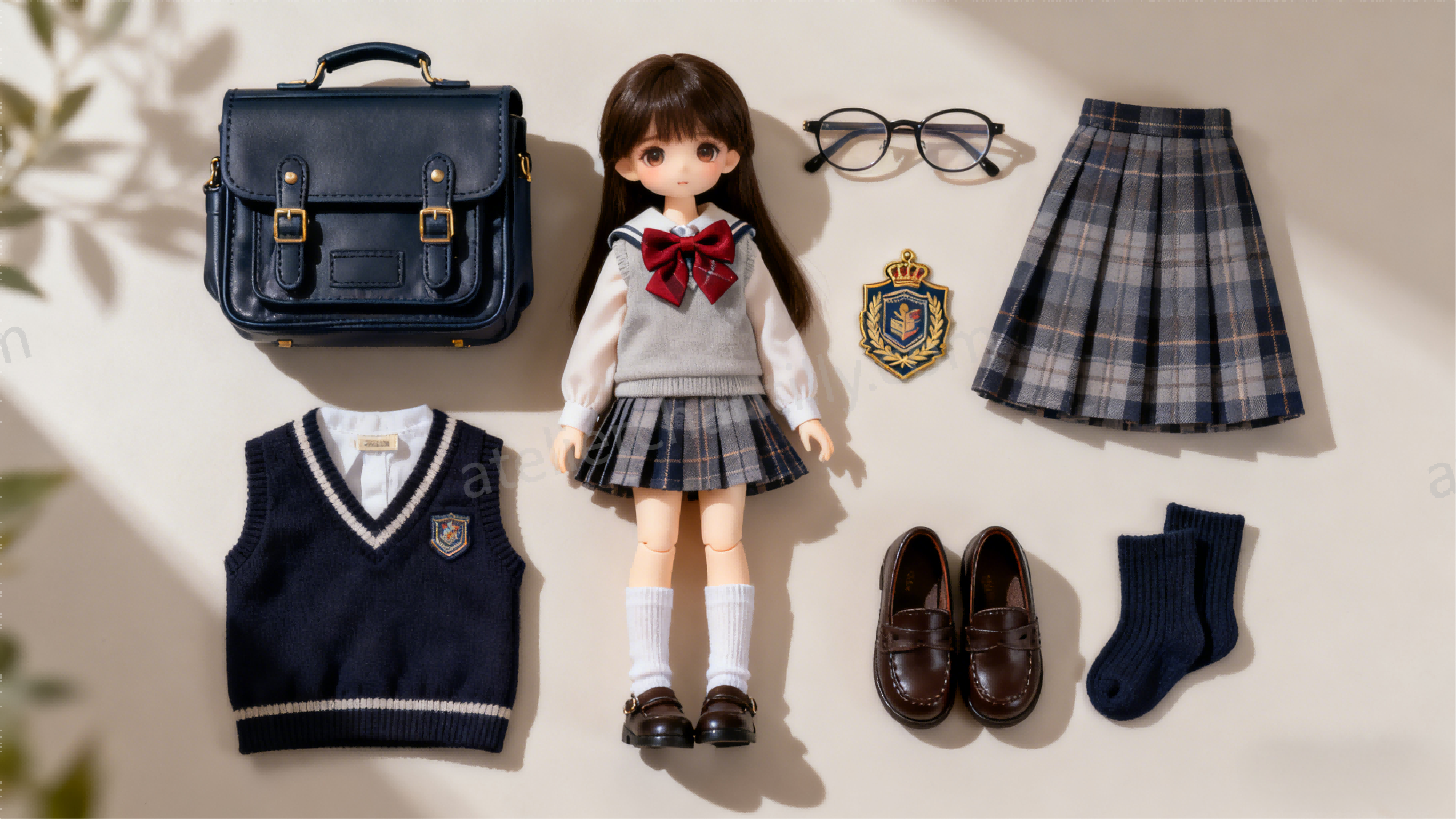 BJD school uniform accessories including bags, glasses, pins, and shoes