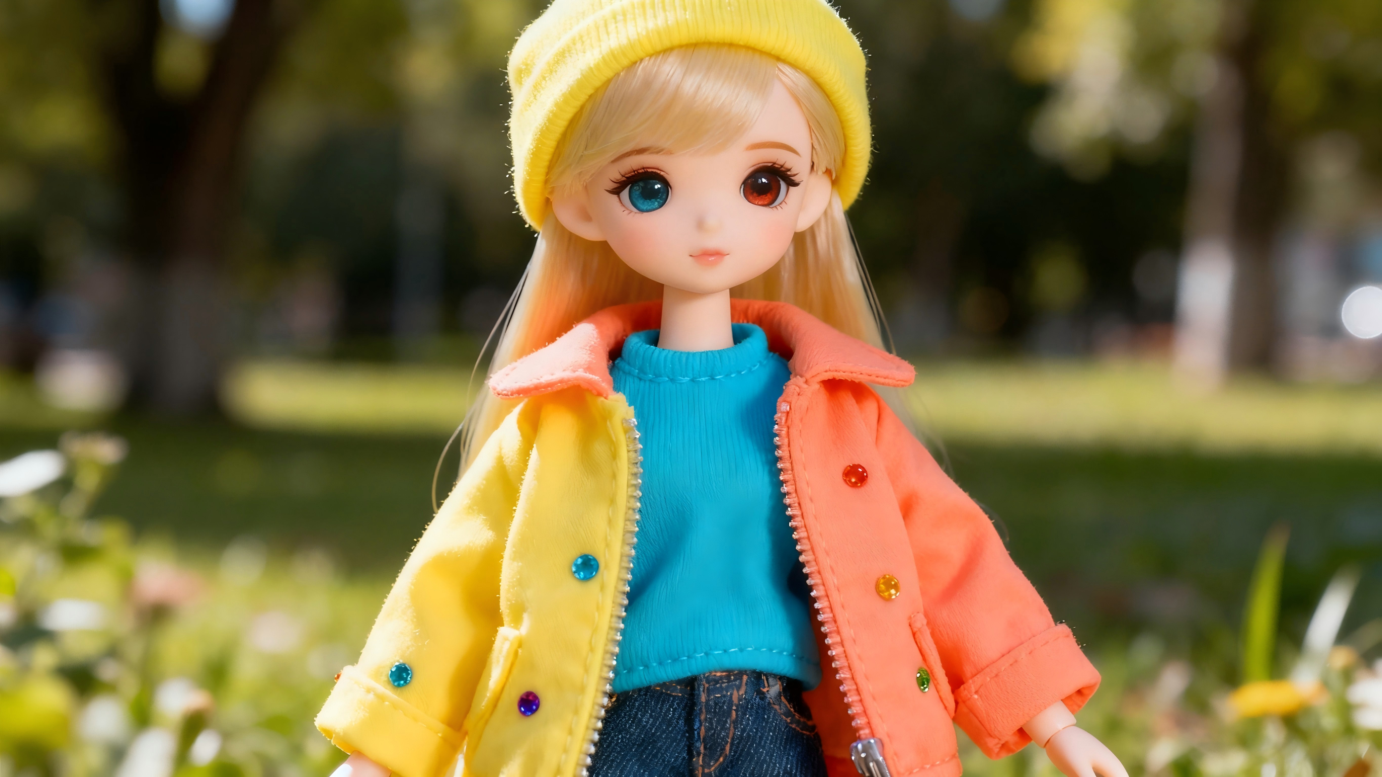 BJD doll wearing outfit with bright seasonal accent colors