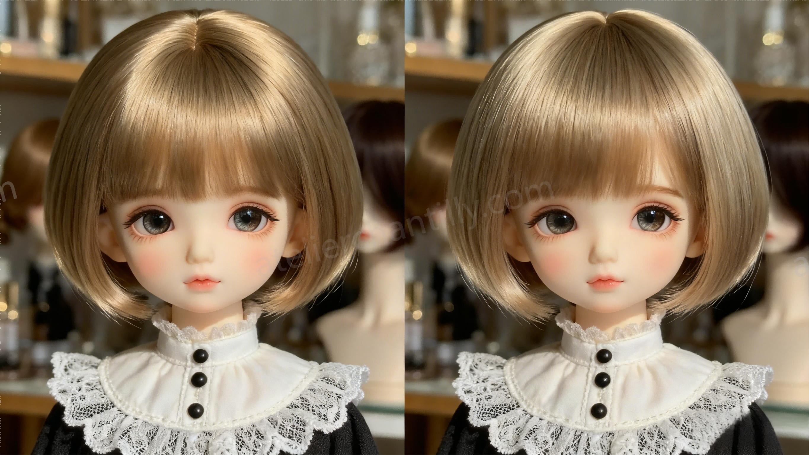 Side-by-side comparison of BJD wigs in different sizes