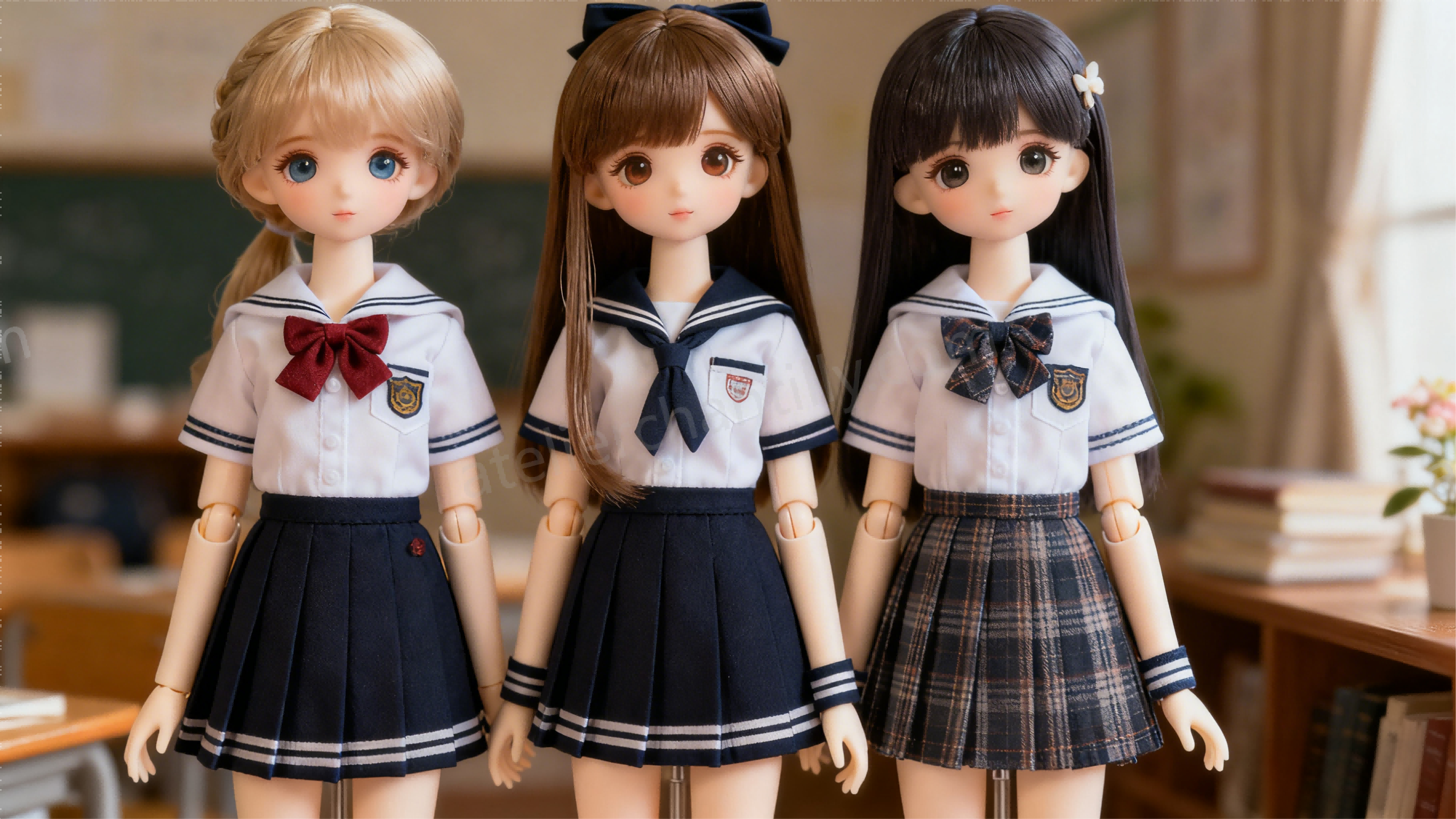 Different BJD school uniform styles displayed side-by-side