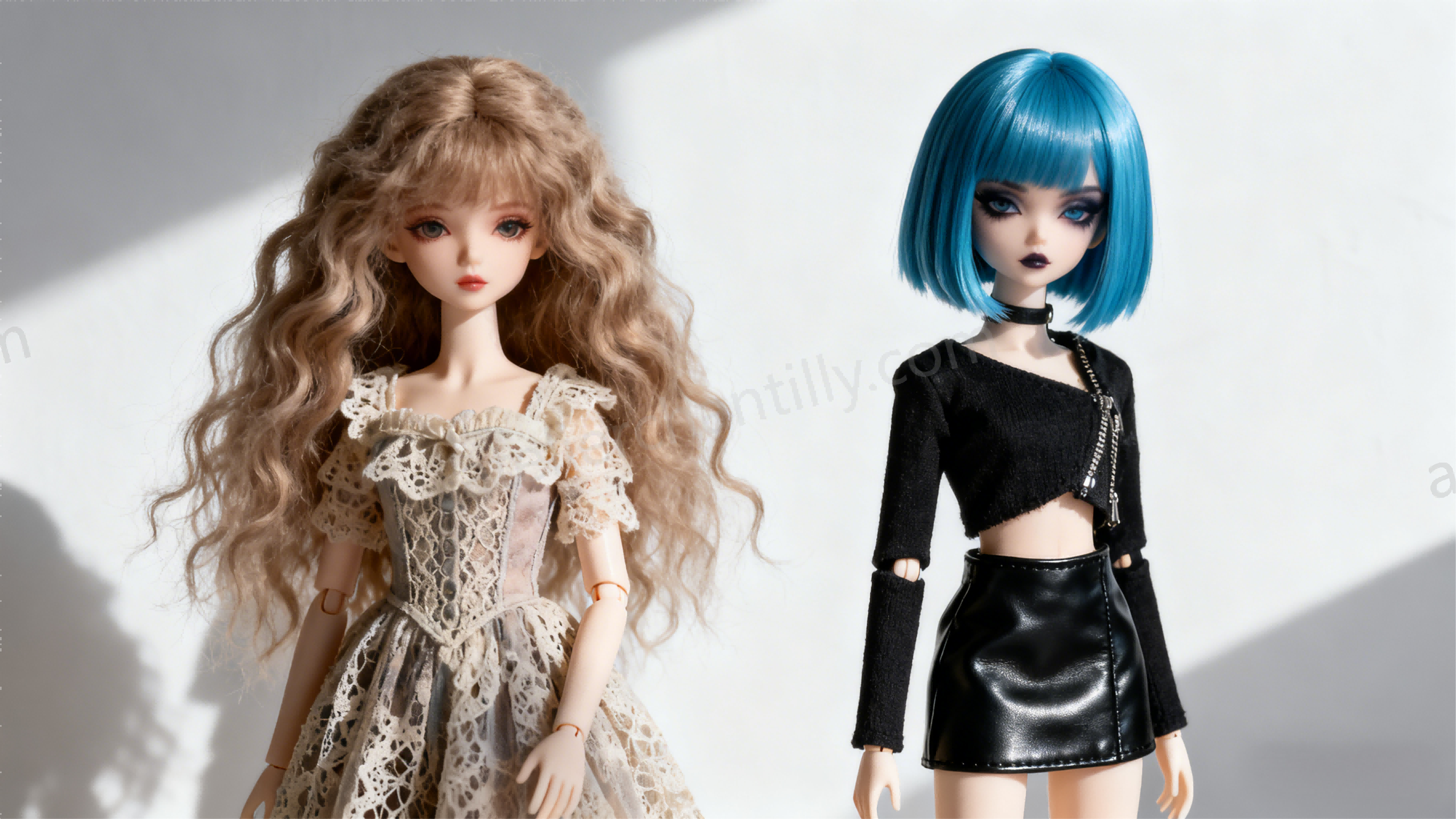 BJD dolls wearing mohair and synthetic wigs showing different styles