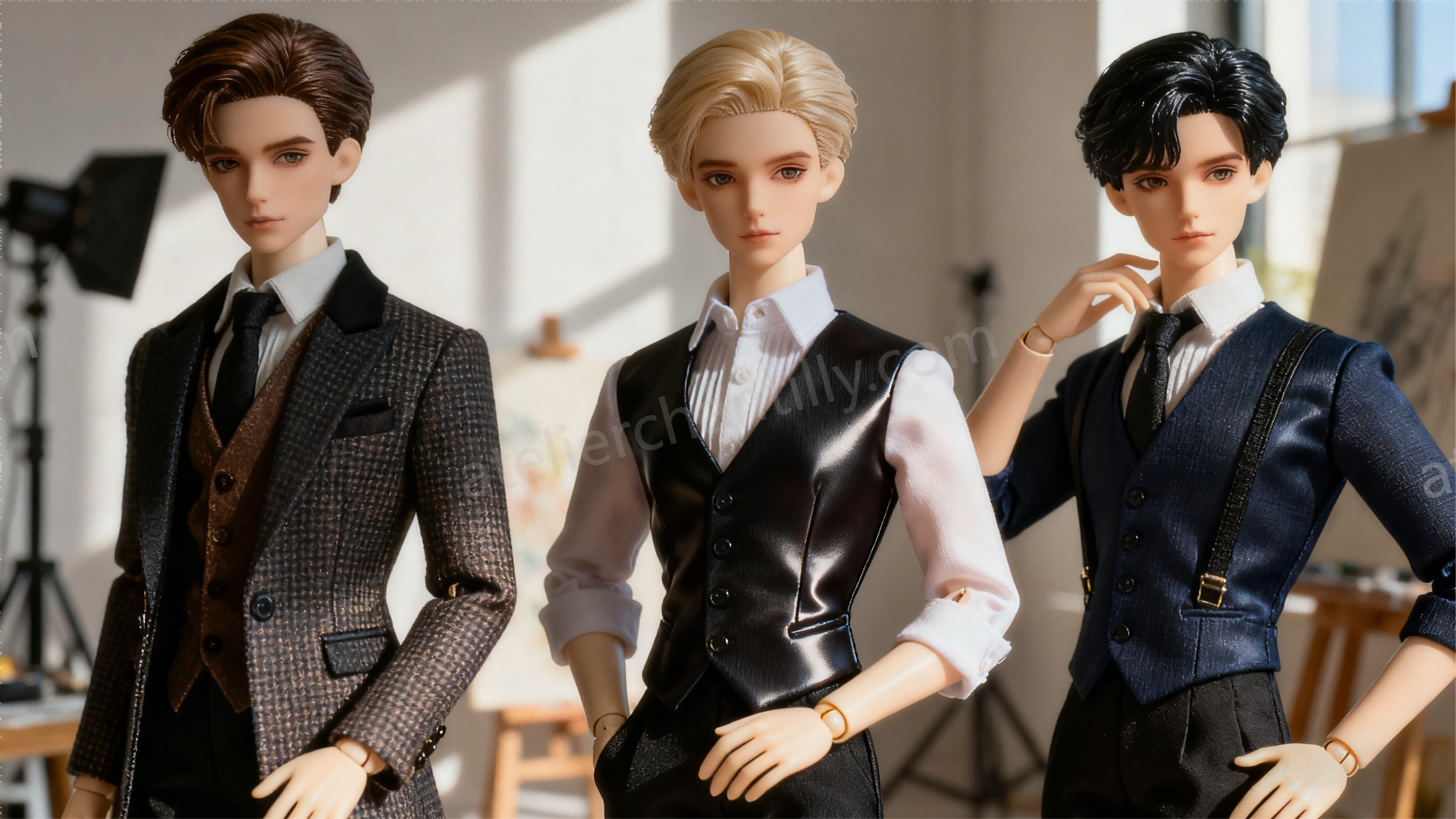 BJD doll wearing premium clothing posed for professional display photography