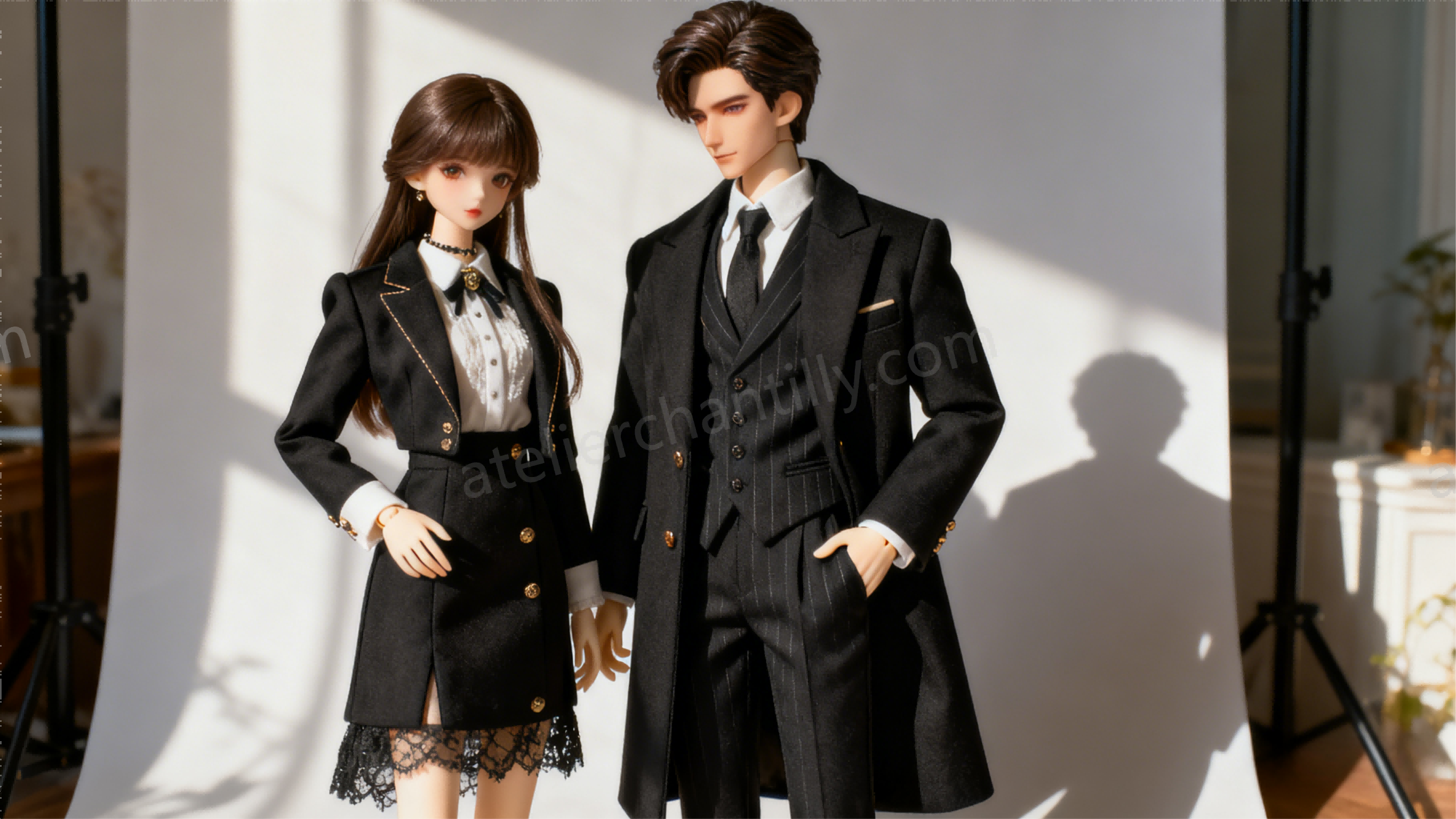 BJD couple wearing themed outfits with complementary designs