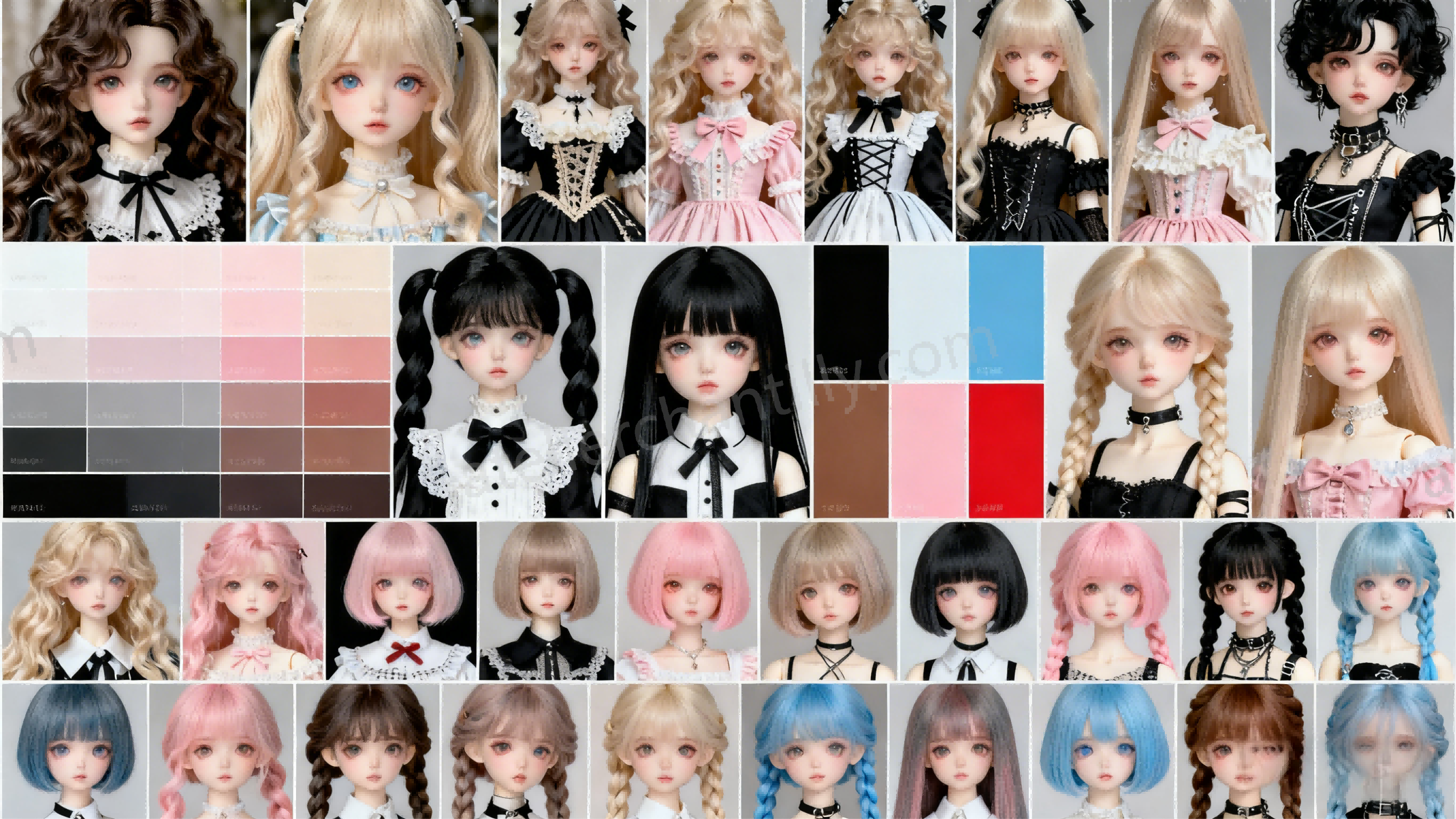 Moodboard with BJD style inspirations for wigs, outfits, and colors
